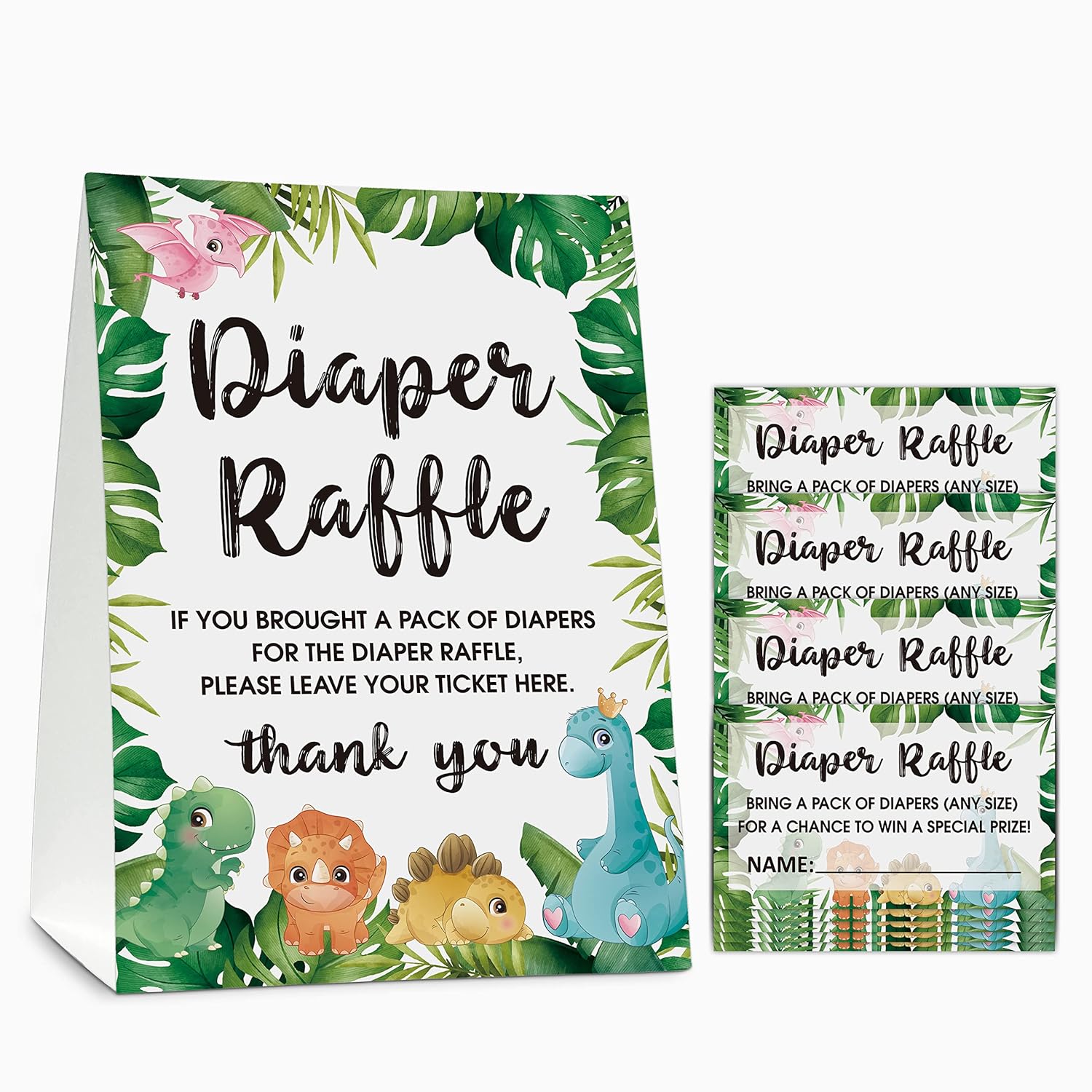 Diaper Raffle Baby Shower Game Set(1 Standing Sign + 50 Finding Cards), Dinosaur Theme Diaper Raffle Tickets For Baby Shower, Safari Jungle Gender Reveal Party Favor Decor - A19