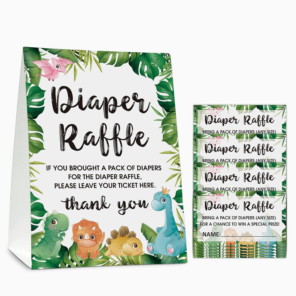 Diaper Raffle Baby Shower Game Set(1 Standing Sign + 50 Finding Cards), Dinosaur Theme Diaper Raffle Tickets For Baby Shower, Safari Jungle Gender Reveal Party Favor Decor - A19