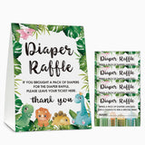 Diaper Raffle Baby Shower Game Set(1 Standing Sign + 50 Finding Cards), Dinosaur Theme Diaper Raffle Tickets For Baby Shower, Safari Jungle Gender Reveal Party Favor Decor - A19