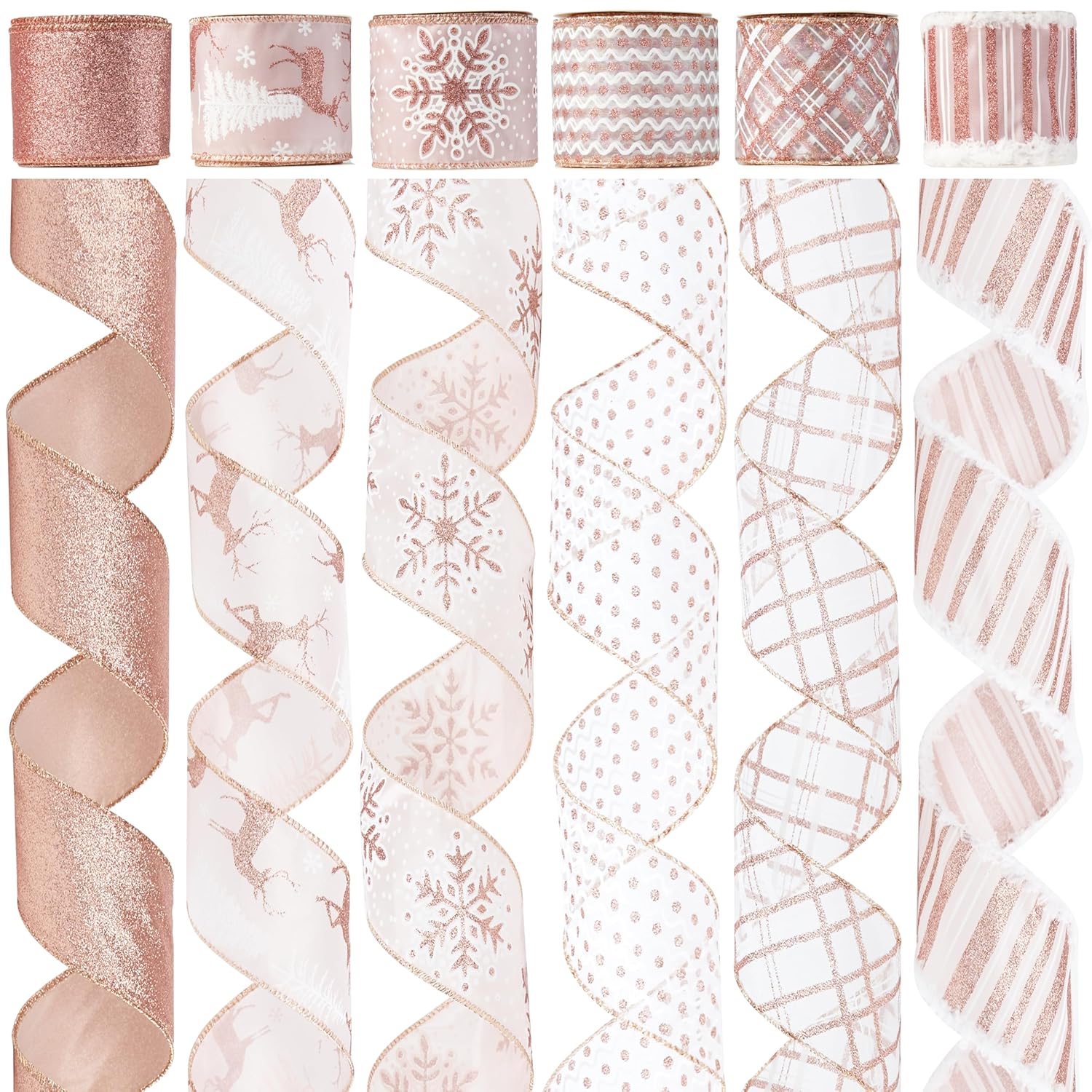 Rose Gold Christmas Ribbon Wired 2.5" Pink Christmas Tree Ribbon Garland Rose Gold Glitter Wired Ribbon For Crafts, Wreaths, Topper Bows, Gift Wrapping, Home Decor (6 Rolls 36 Yards)