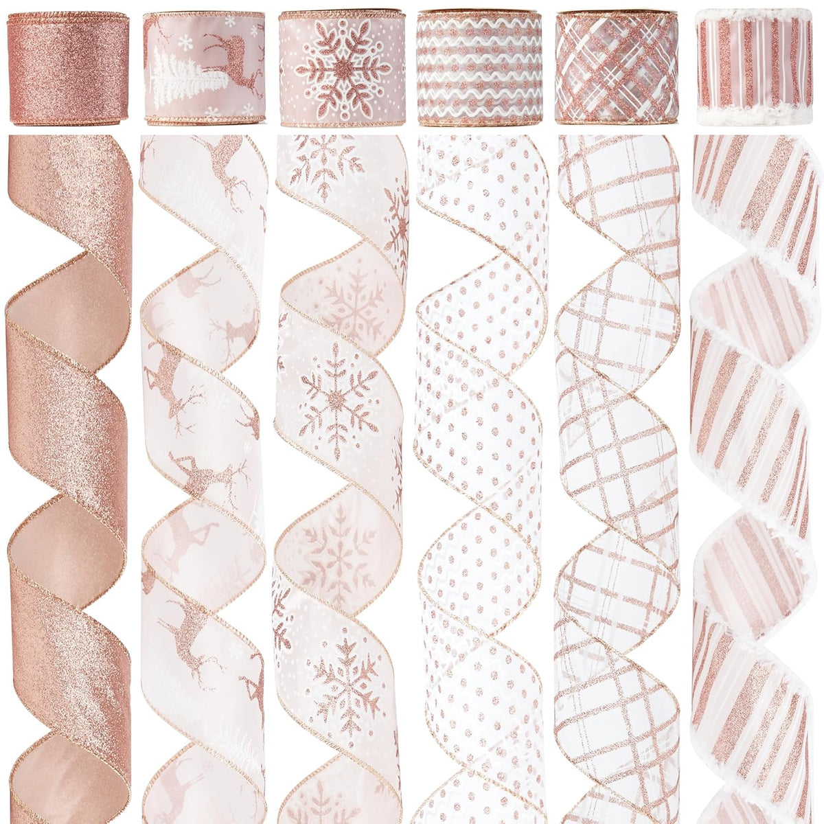 Rose Gold Christmas Ribbon Wired 2.5" Pink Christmas Tree Ribbon Garland Rose Gold Glitter Wired Ribbon For Crafts, Wreaths, Topper Bows, Gift Wrapping, Home Decor (6 Rolls 36 Yards)