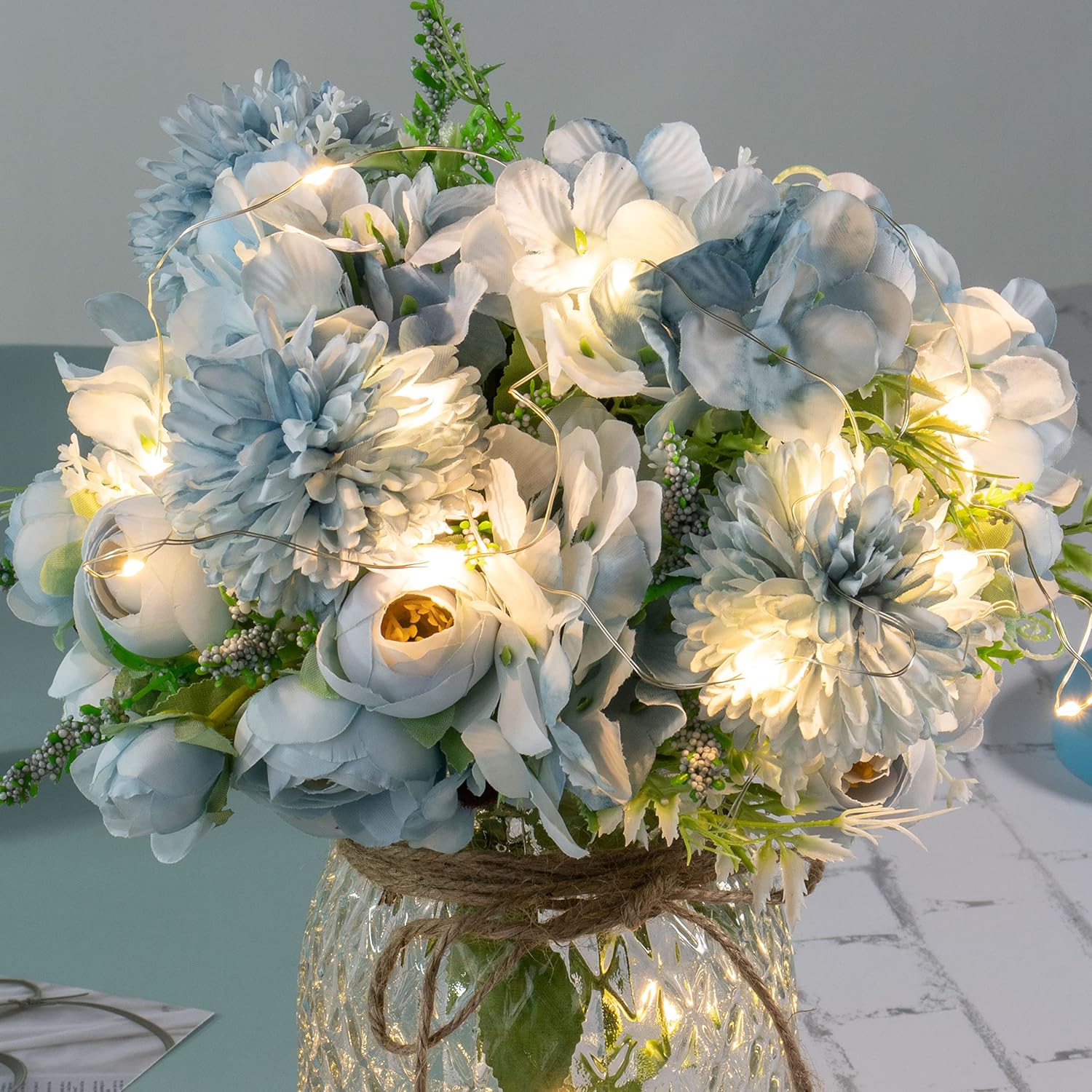 Artificial Led Blue Rose Flowers With Glass Vase, Remote Control Led Light, Flower Arrangement For Table Centerpiece, Home Office Wedding Decoration