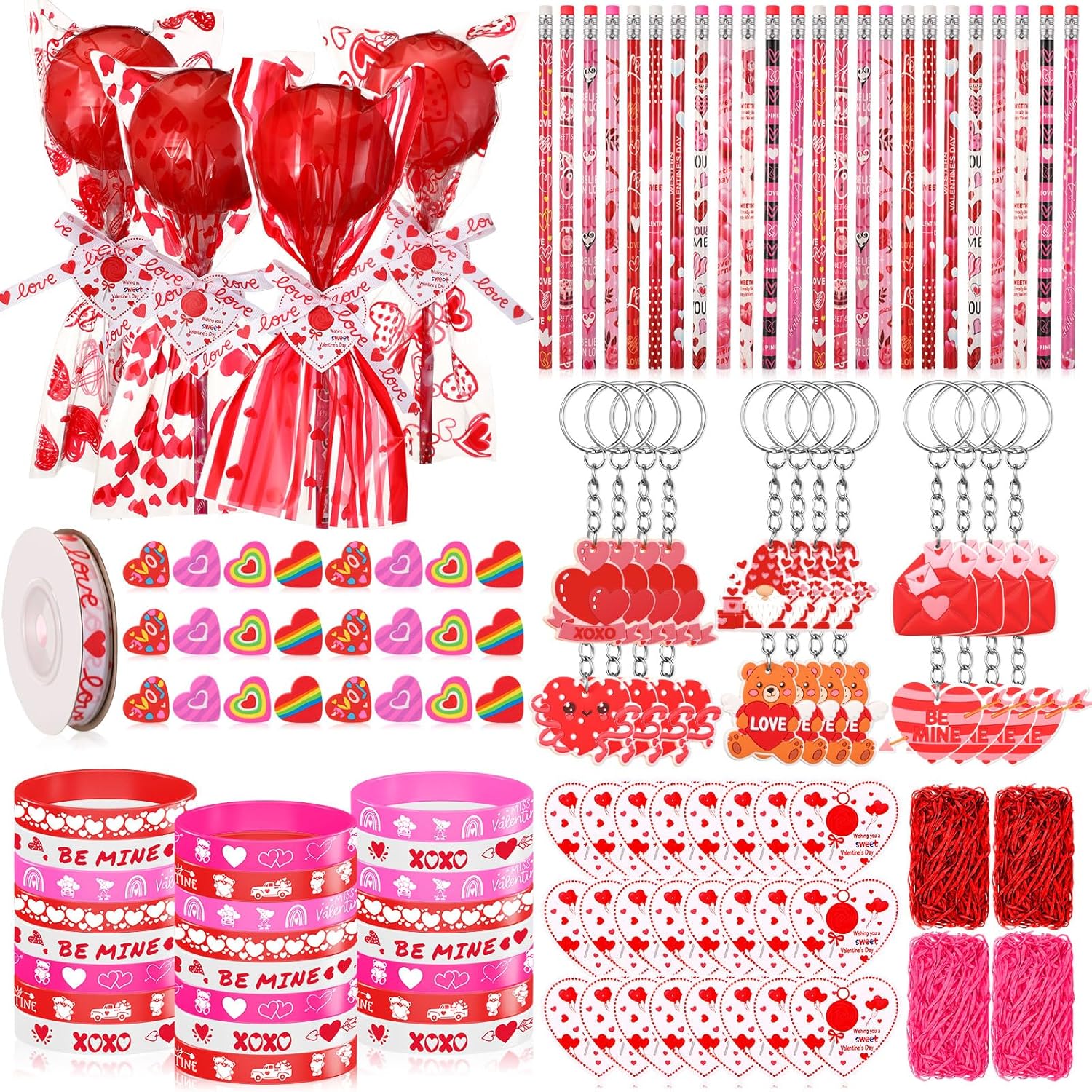 Valentine'S Day Gifts Bulk - 24 Pack Giant Lollipop-Shaped Stationery Gift Set With Valentine'S Card Pencil Eraser Keychain Bracelet Classroom Prize Exchange Party Favors