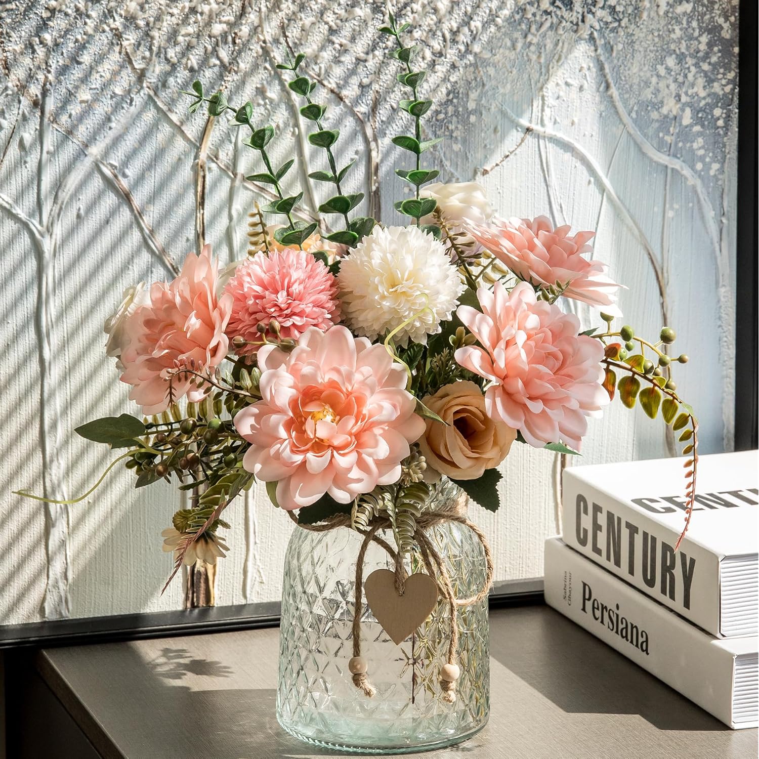 Fake Flowers With Vase,Faux Flowers In Vase For Home Decor,Silk Pink Dahlia Artificial Flowers With Vase For Coffee Table Decor,Living Room Bathroom Plant Decor, Centerpiece Table Decorations