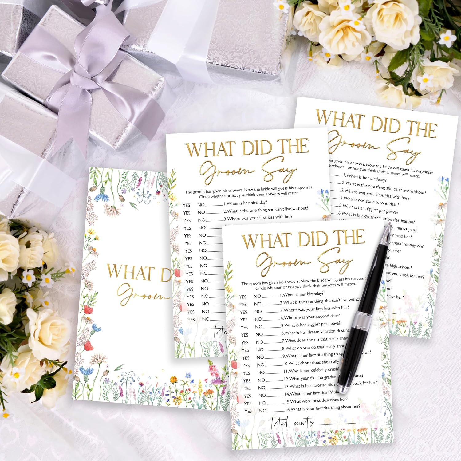 Wildflowers Games Cards, Wedding Shower Games Set, What Did The Groom Say Bridal Shower Game, Spring Flower Themed Bachelorette Party Game, Engagement Party Supplies, Set Of 25 Cards-07