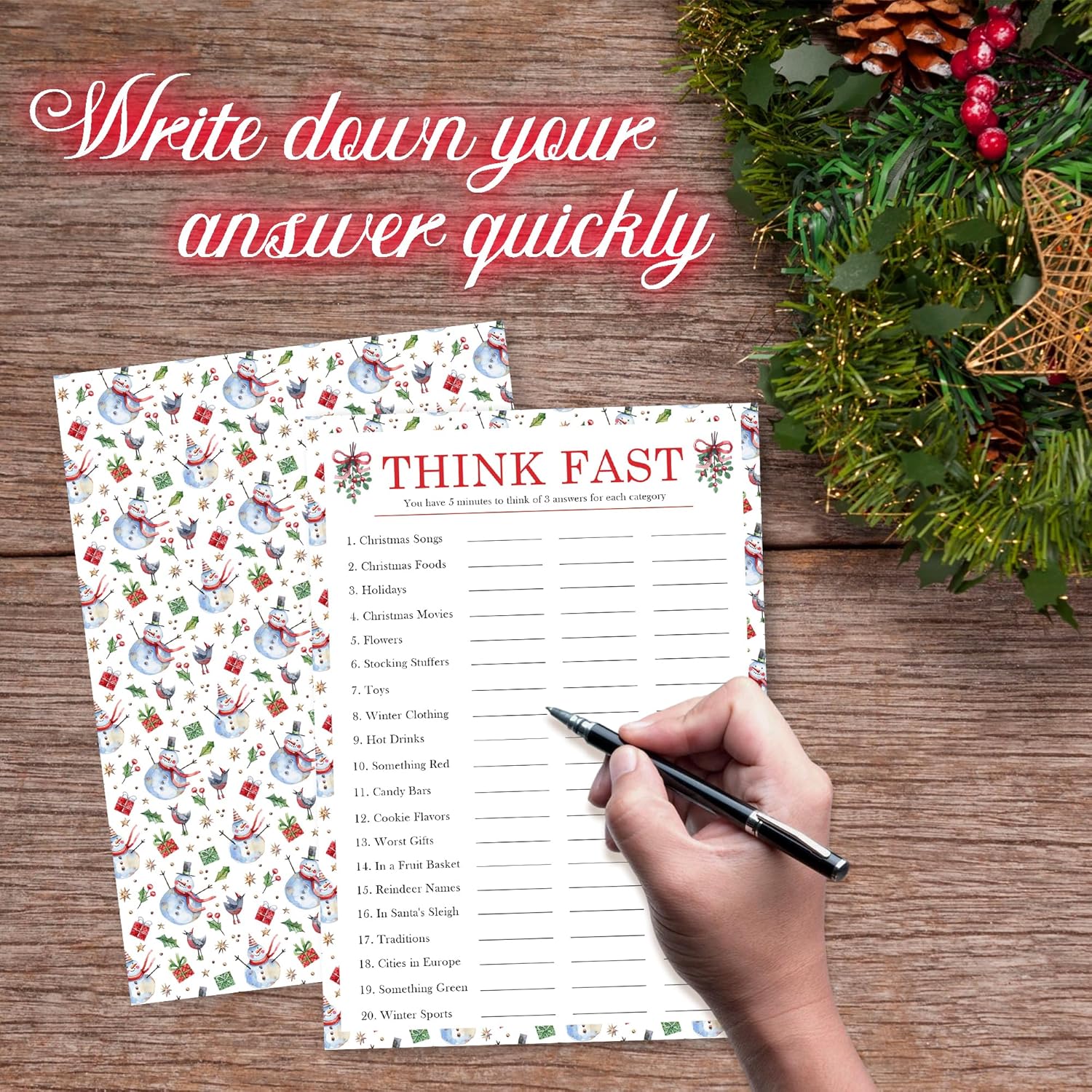 20 Pieces Christmas Game Cards - Think Fast - 7 X 10" Holiday Party Game Activity Set For Adult Office Annual Festive Events Xmas Party Favor And Decorations (Snowman)- A04