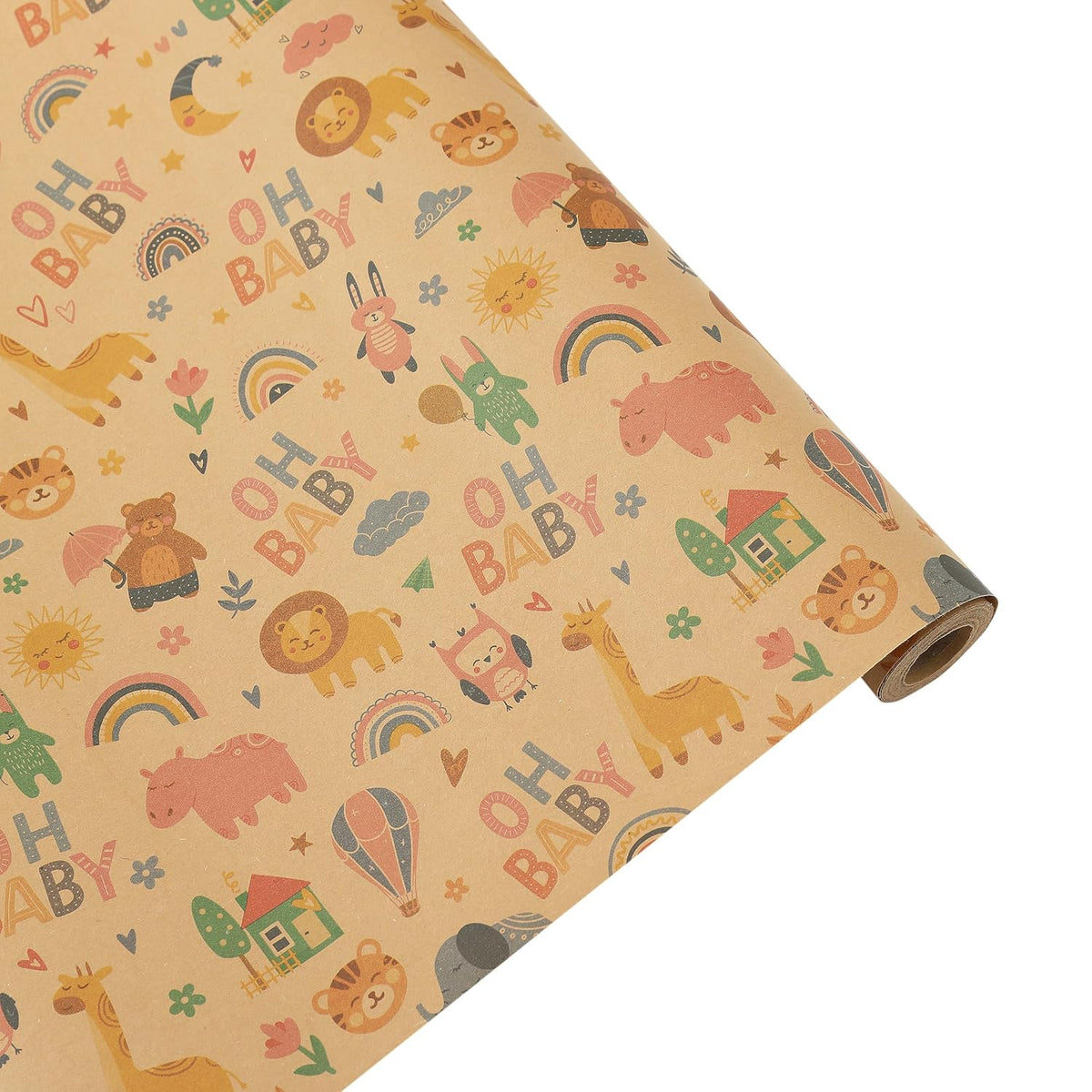 Brown Baby Wrapping Paper Roll-17 Inches X 32.8 Feet, Mini Roll, Animal Design Wrap Kraft Paper For Baby Boy Girl For Baby Shower, Kids' Birthday Party, Newborn, New Moms, Little One, 1St Baby, 1 Roll