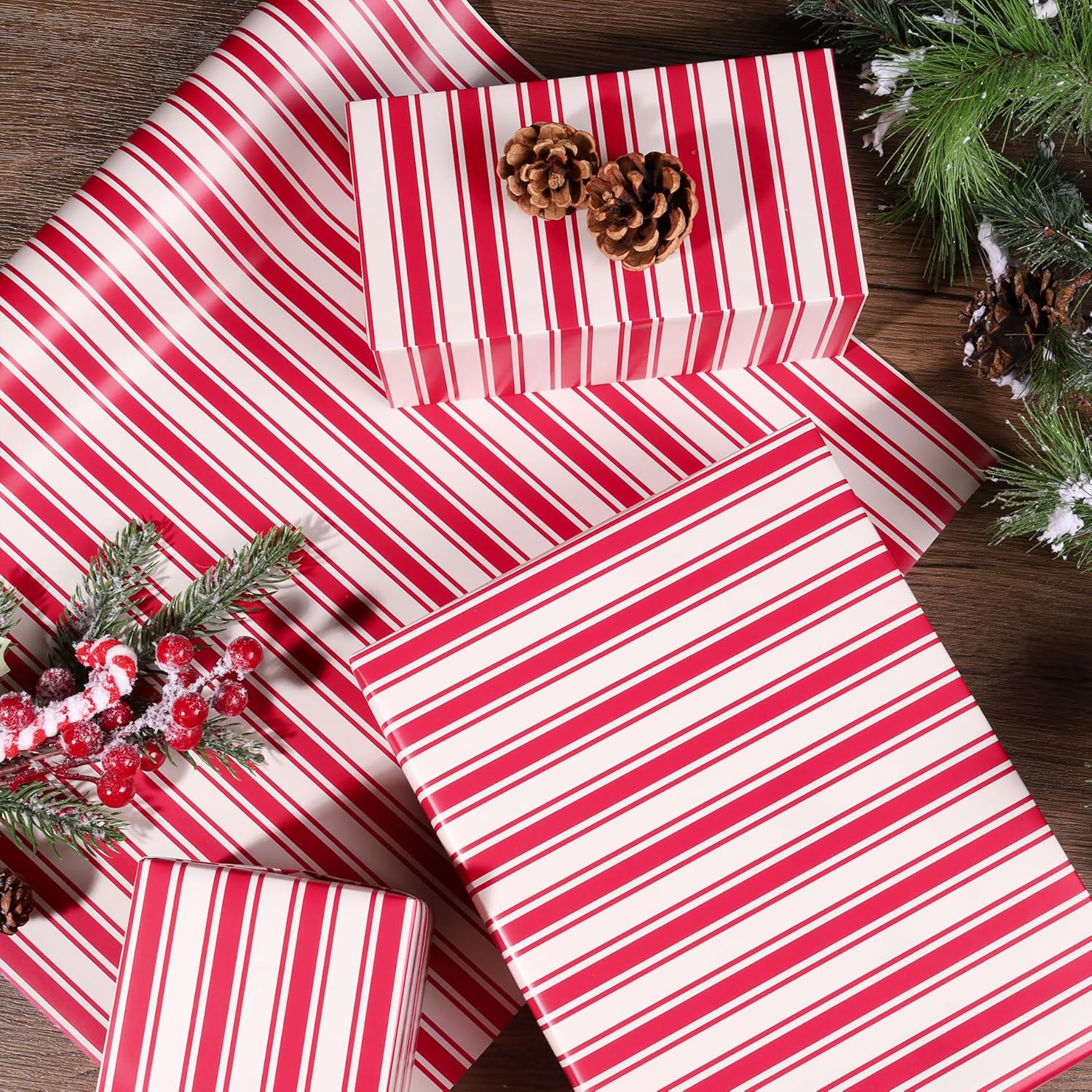 Christmas Wrapping Paper Roll, Classic Red & White Striped Gift Wrap For Christmas, Holiday, Winter Party, 17 Inch X 33 Feet