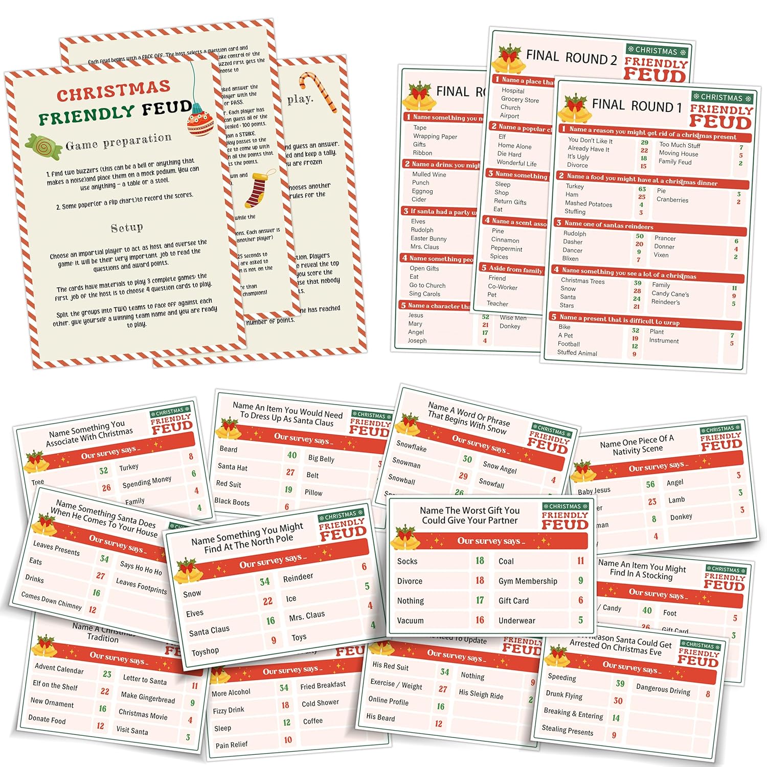 Christmas Feud - Hilarious Party Game Of Guessing Top Answers, Perfect For Adults, Families, And Classrooms - 15 Trivia Cards