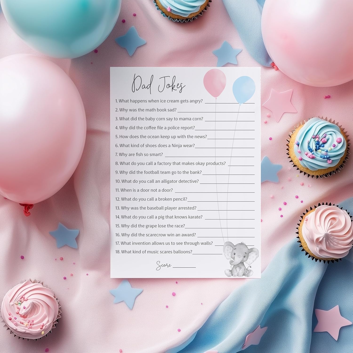 Dad Jokes Gender Reveal Party Game, Daddy Jokes Baby Shower Trivia Games — Pack Of 25 — Fun Dad Joke Game, Elephant Pink Or Blue, Funny Trivia, Baby Sprinkle, Co-Ed Couples Shower, Birthday G510-Djk