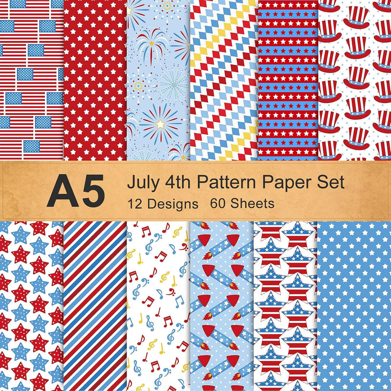 12 Design 4Th Of July Pattern Paper Set A5 Size Patriotic American Flag Stars