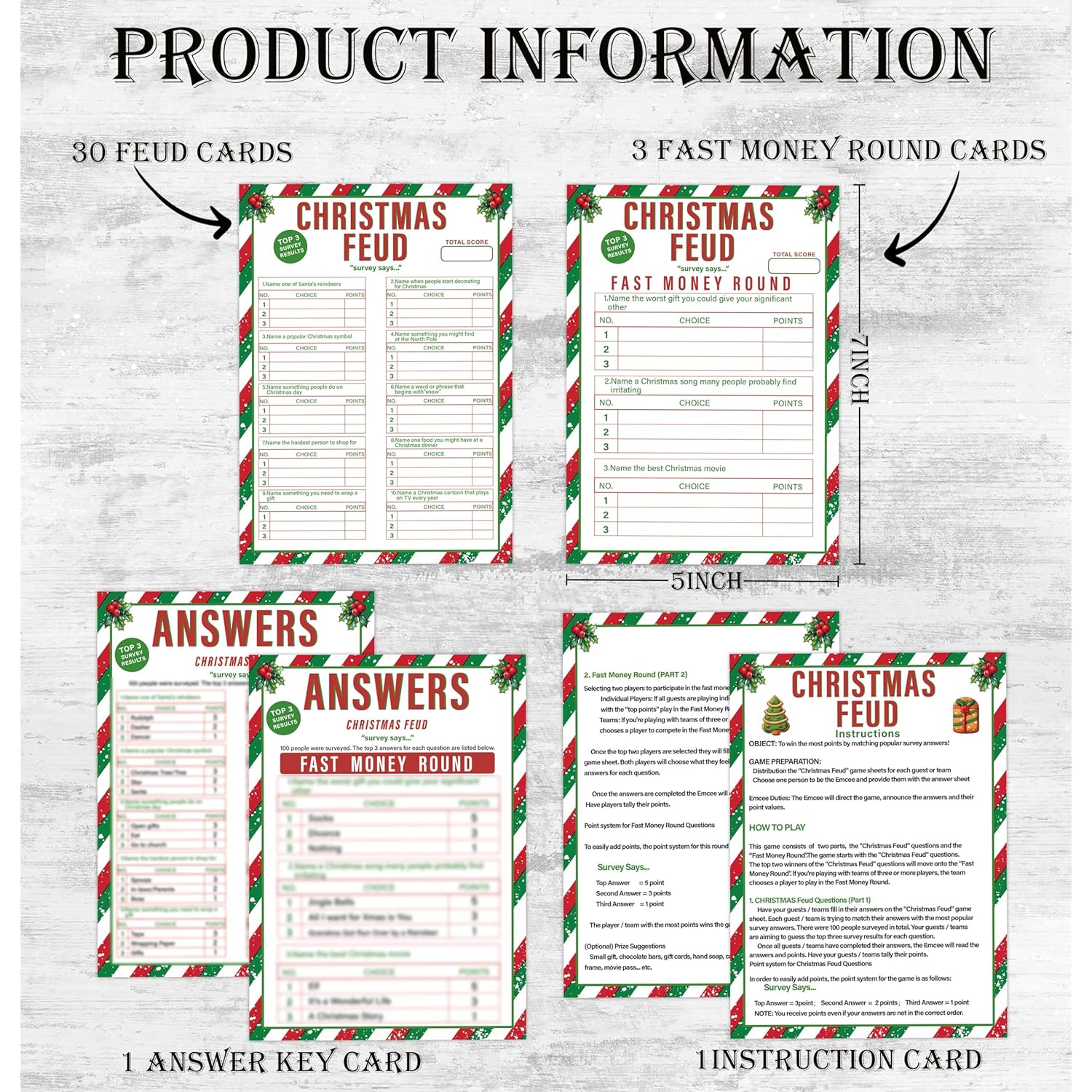 Christmas Friendly Feud Quiz - Family Game Night, Baby Shower Cards For Adults, 30 Feud & 3 Fast Money Round Cards, Christmas Games For Office, Class, Group-Mq5