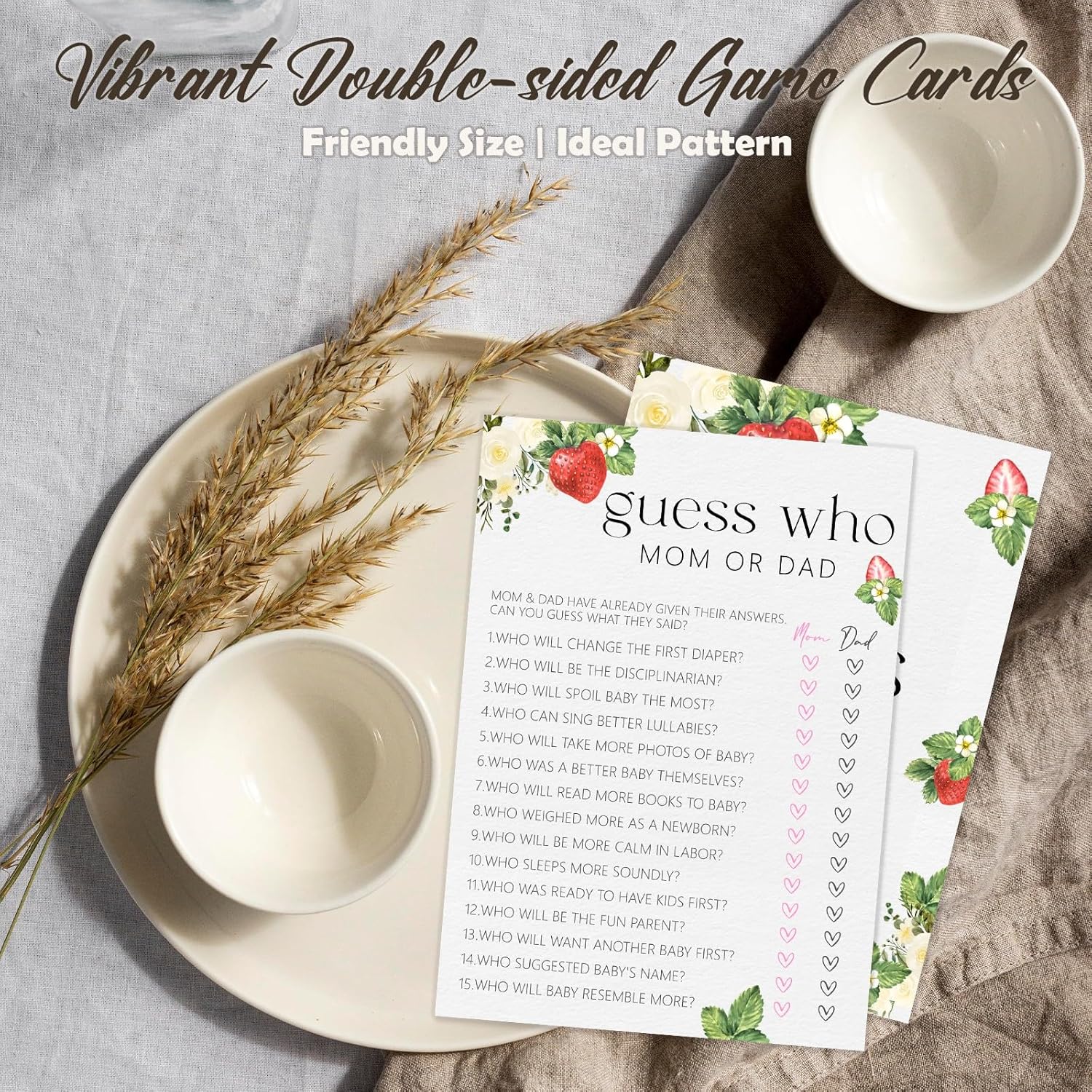 Hilarious Baby Shower Games, Who Mom Or Dad Game Cards, Strawberry Sweet Baby Shower Decorations Favors Ideas -30 Pcs, 5X7 In - H07