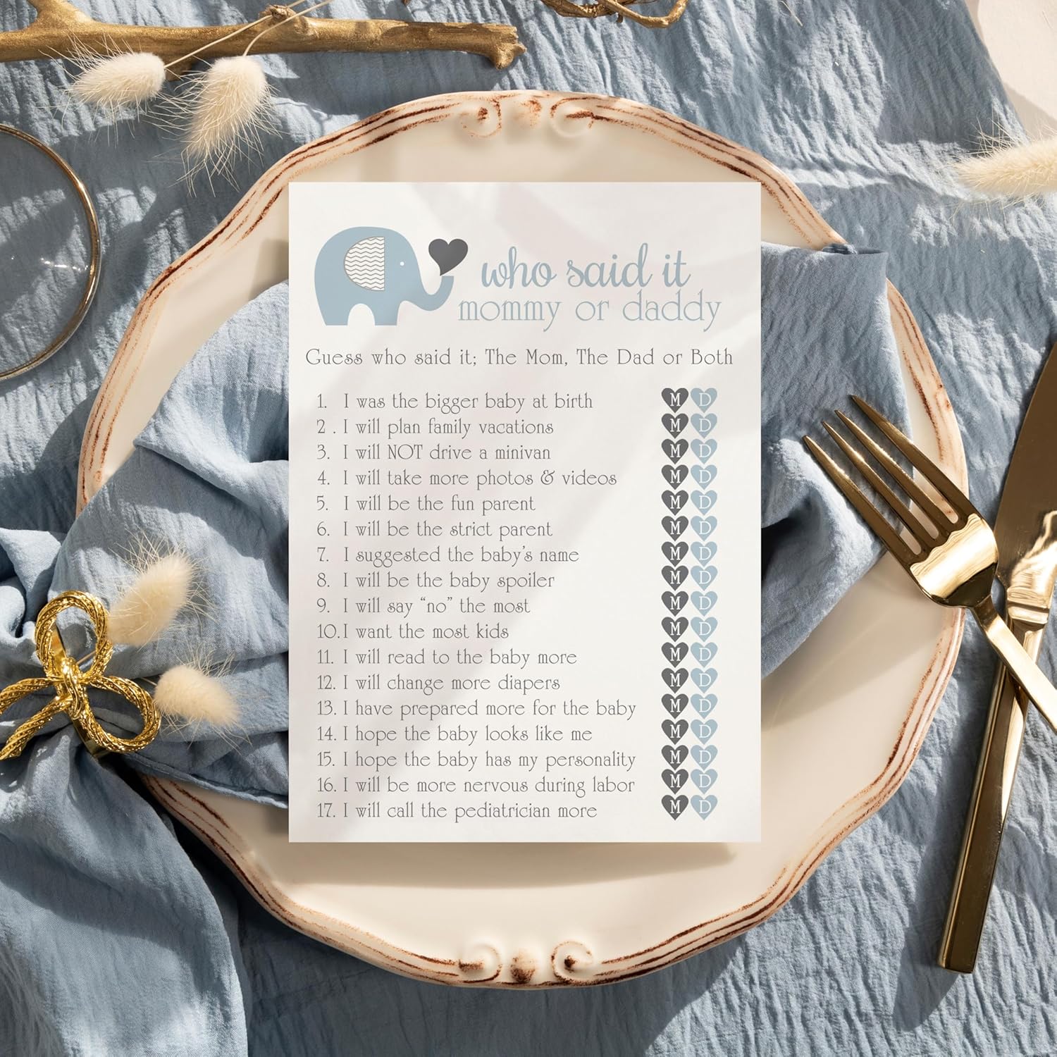 Elephant Baby Shower Game For Boys - 25 Guess Who Mommy Or Daddy Game Cards - Fun Guessing Activities For Guests - Royal Prince Blue Jungle Theme