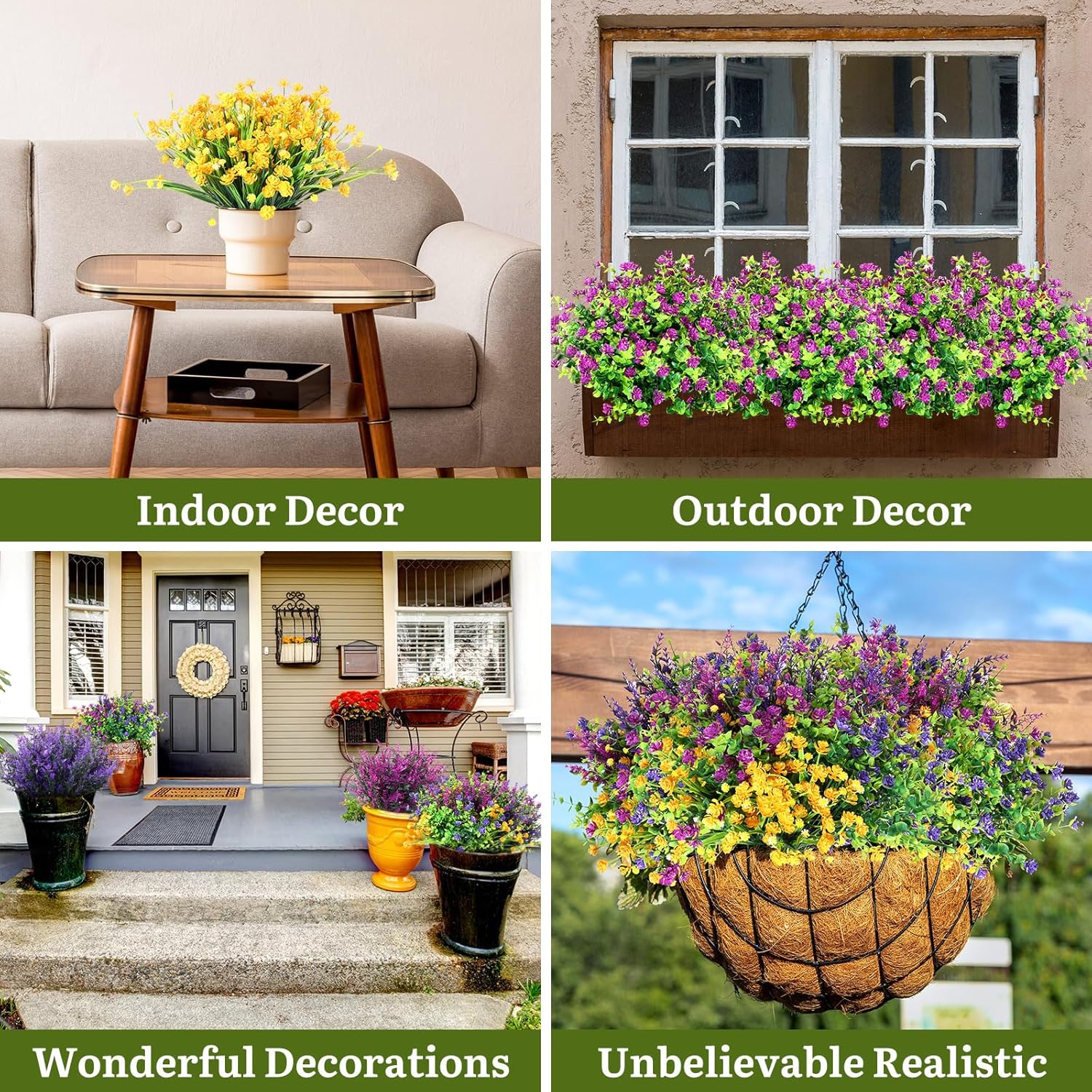 48 Bundles Artificial Faux Flowers Plastic Flower Plants Faux Outdoor Flowers Boxwood Plastic Shrubs Plants For Patio Porch Garden Home Farmhouse Vase Pots Hanging Planters (Classic)