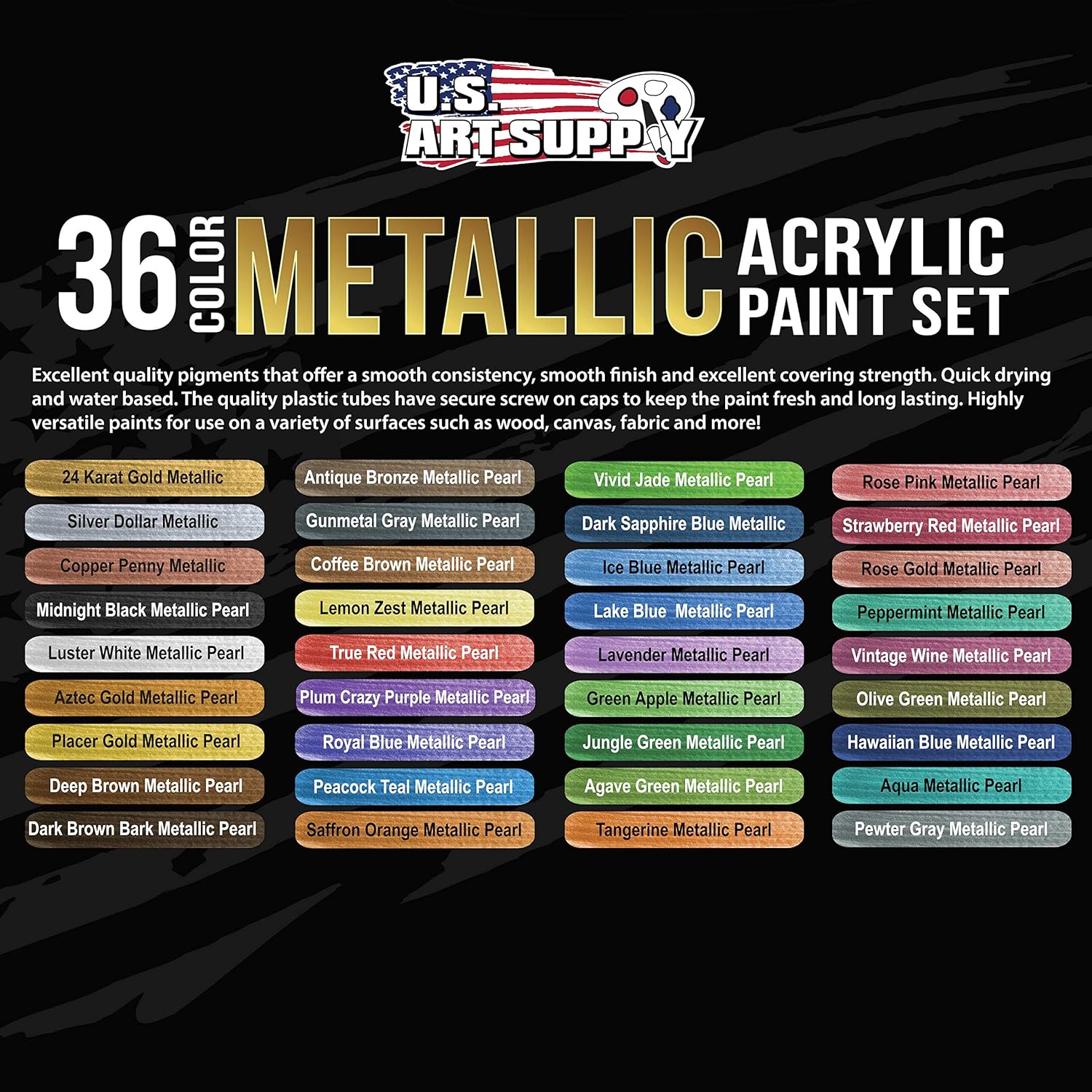 36-Color Metallic Acrylic Paint Set - 18Ml Tubes - Acrylic Paint For Canvas Painting, Wood Crafts & Rock Painting - Color Mixing Wheel