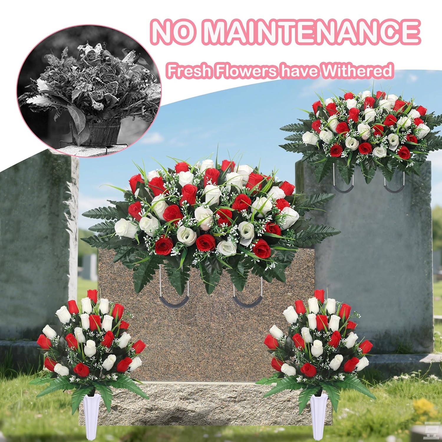 Artificial Cemetery Flower Saddles For Graves, Cemetery Memorial Flowers With Vase And 2 Memorial Bouquets For Grave Tombstone,Outdoor Grave Saddle Headstone Decorations (Red White)