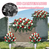 Artificial Cemetery Flower Saddles For Graves, Cemetery Memorial Flowers With Vase And 2 Memorial Bouquets For Grave Tombstone,Outdoor Grave Saddle Headstone Decorations (Red White)