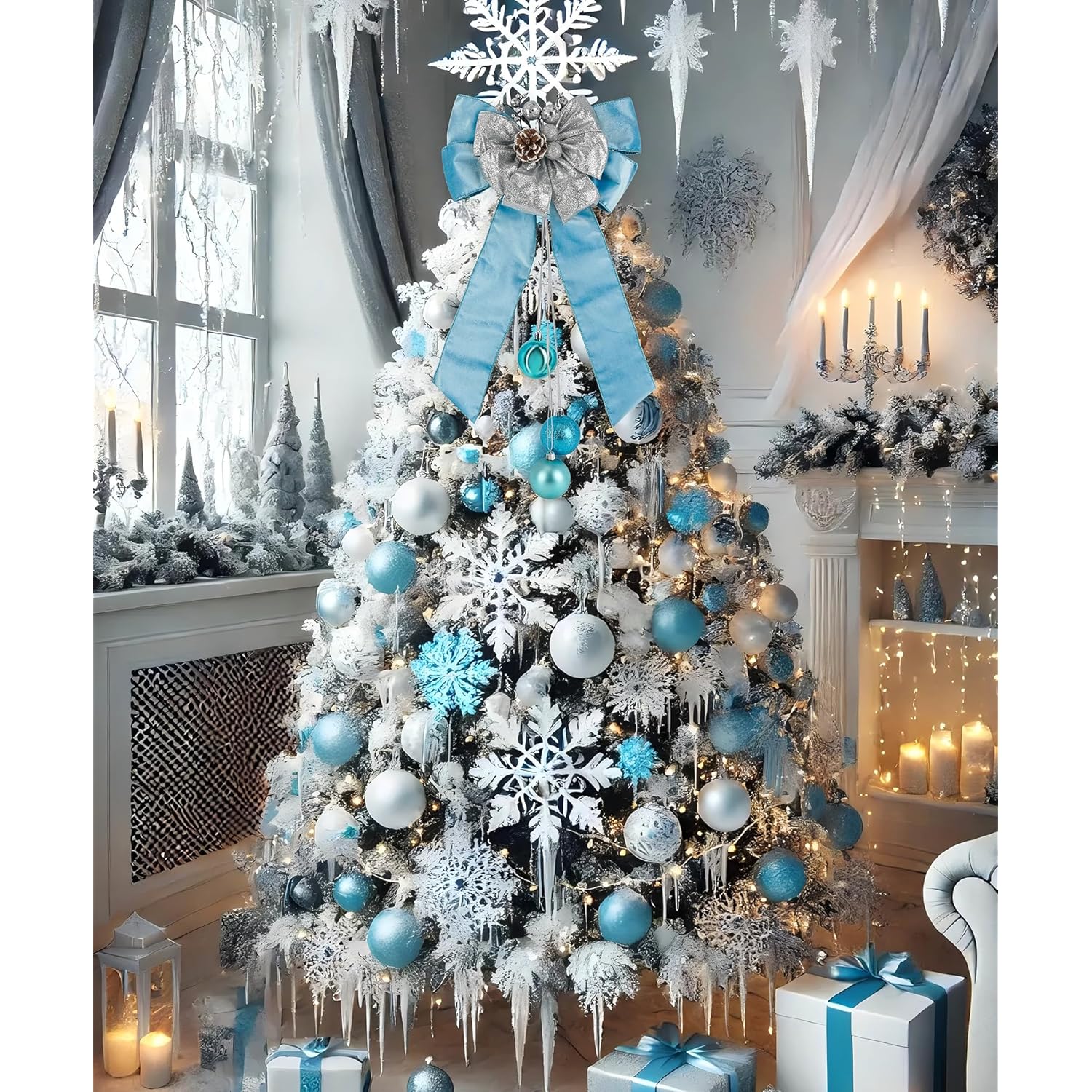 Blue Christmas Tree Topper Bows, 11 X 16 Inches Blue Bows For Christmas Tree Decorations Velvet Ribbon Bows With Baubles For Wreath, Door, Cabinet, Staircase, 1 Pc