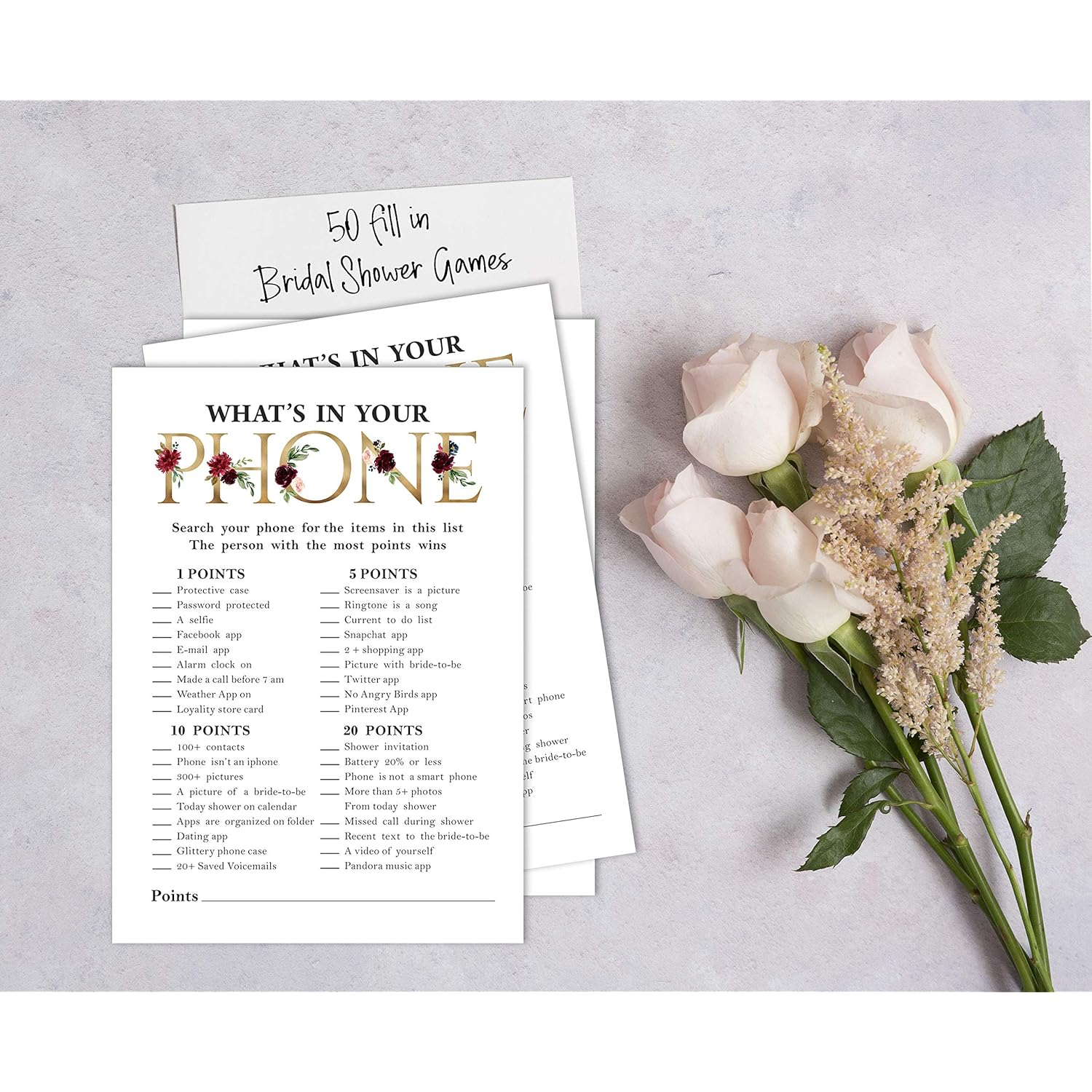 Bridal Shower Game Wedding Shower Bachelorette Party Bulk Activity Game Cards 50-Pack Floral Whats On Your Phone