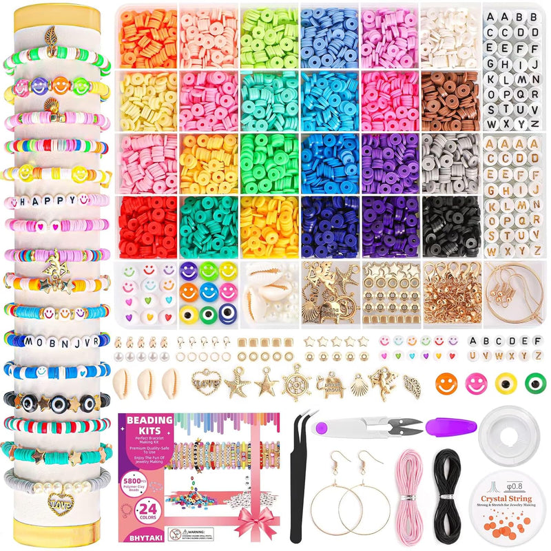 5800 Pcs Clay Beads Bracelet Making Kit, 24 Colors Flat Preppy Beads For Frien