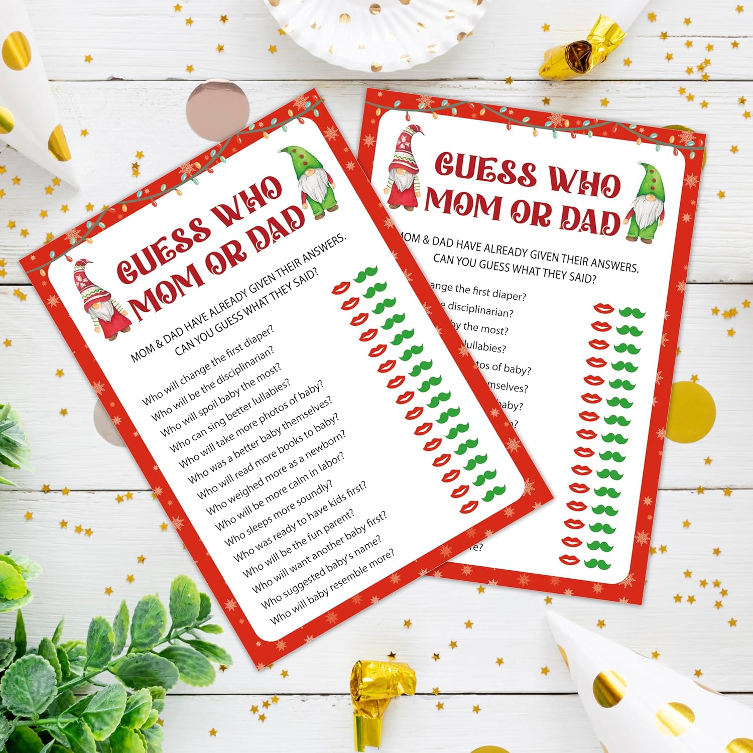 Christmas Baby Shower Games, Find Who Mom Or Dad Themed Gender Reveal Party Game, Winter Festival Game Cards With Santa Gnomes Design, Xmas Baby Shower Games, Holiday Party Supplies -04