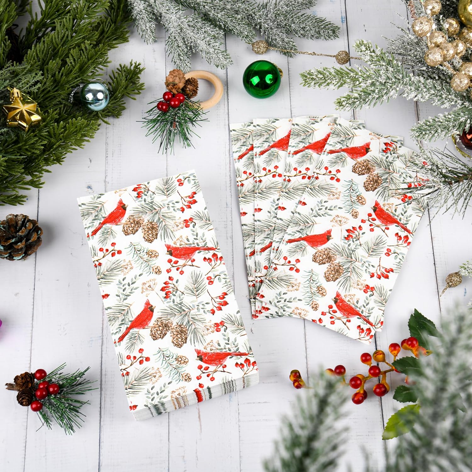 100 Pcs Christmas Cardinal Birds Paper Napkins Winter Xmas Disposable Guest Napkin Red Berries Cedar Cones Bathroom Hand Towel For Holiday Party Tableware Supplies