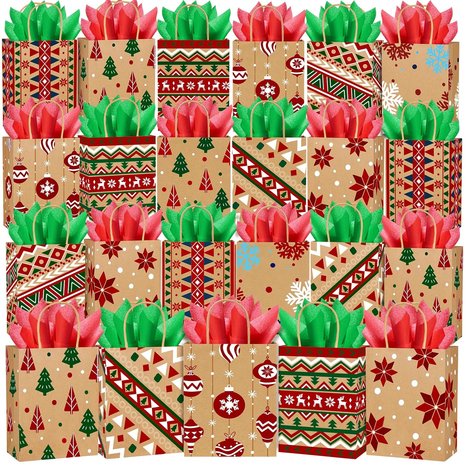 24Pcs Christmas Kraft Gift Bags 8 Styles Xmas Wrapping Paper Bags Medium Size Xmas Gift Bags With Handles Reusable Goody Treat Bags Bulk For Holiday Party Favor Supplies