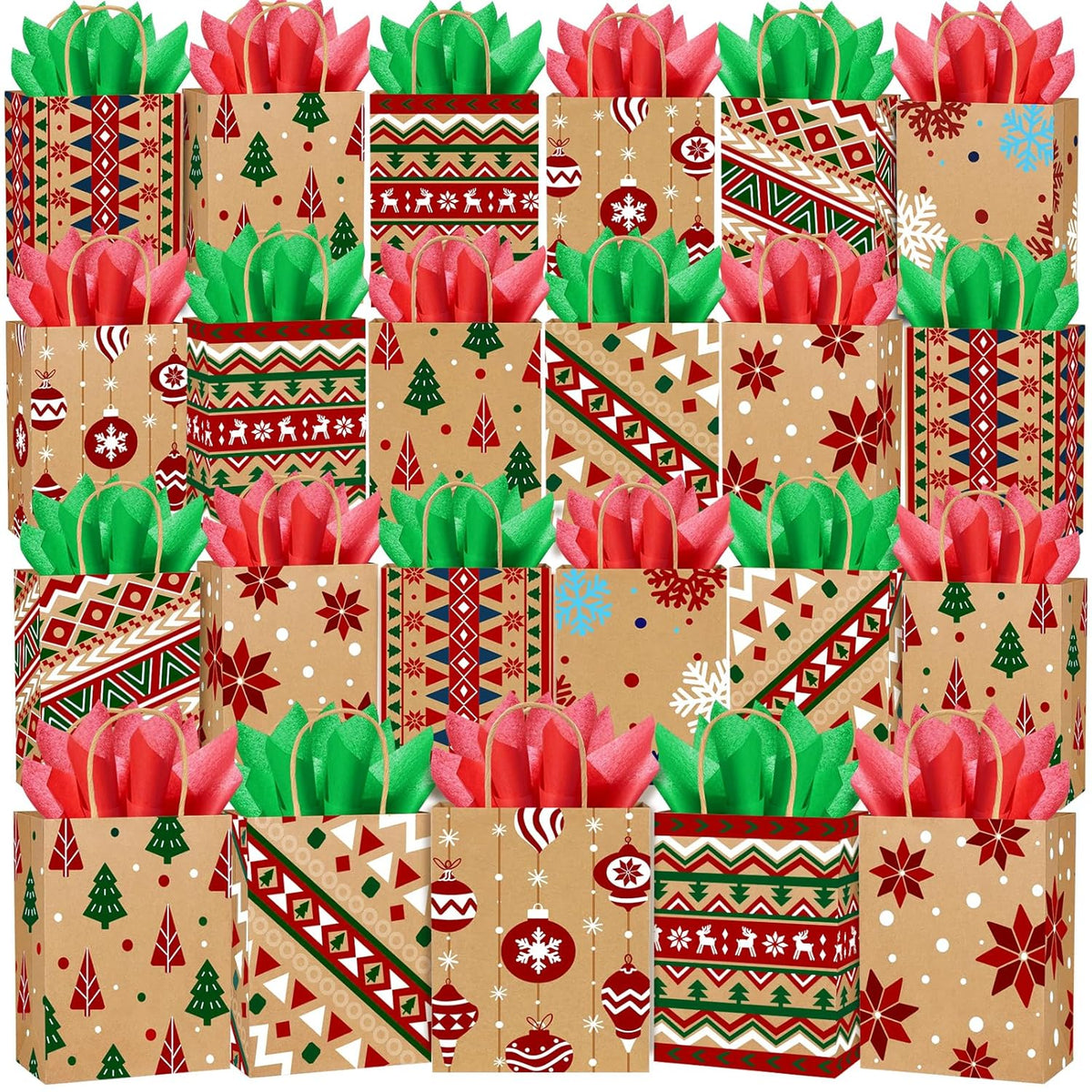 24Pcs Christmas Kraft Gift Bags 8 Styles Xmas Wrapping Paper Bags Medium Size Xmas Gift Bags With Handles Reusable Goody Treat Bags Bulk For Holiday Party Favor Supplies
