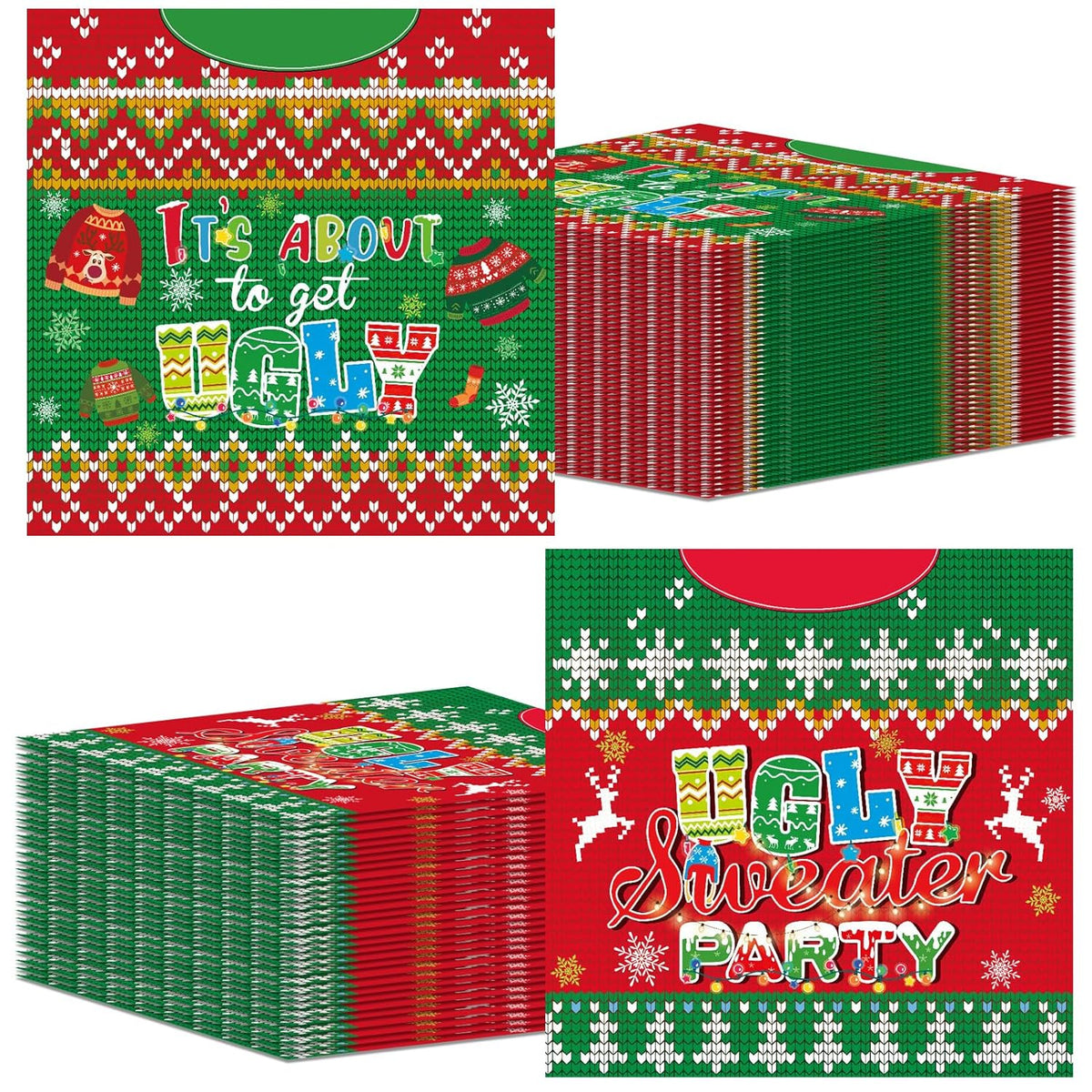 100Pcs Merry Christmas Ugly Sweater Napkins Disposable, 6.5 X 6.5 Inches Red Green Tacky Sweater Xmas Party Decoration Paper Napkins For Christmas Holiday Family Gatherings Home Office Decor