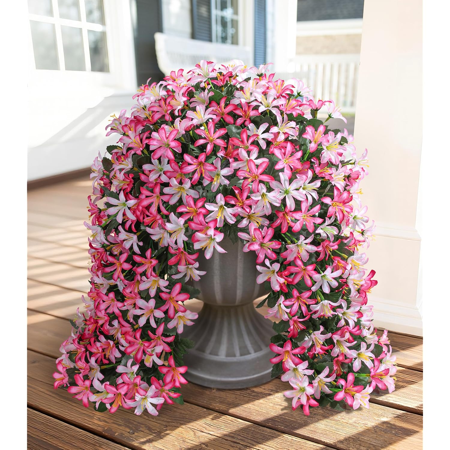 Artificial Fake Hanging Flowers Plants For Outdoors Decoration, Uv Resistant 2Pcs Faux Lily Flower Vines For Home Patio Porch Balcony Garden Yard, Pink & Light Pink