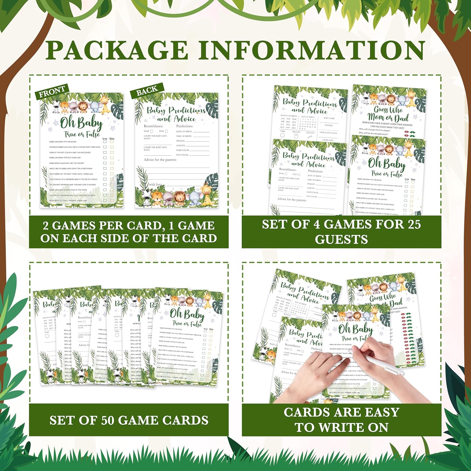Safari Animals Baby Shower Games Card Set, Includes Babyshower Feud, True Or False, Baby Predictions And Advice, Find Who Mom Or Dad, Babies Shower Gender Reveal Decoration Favors, Set Of 50 -02