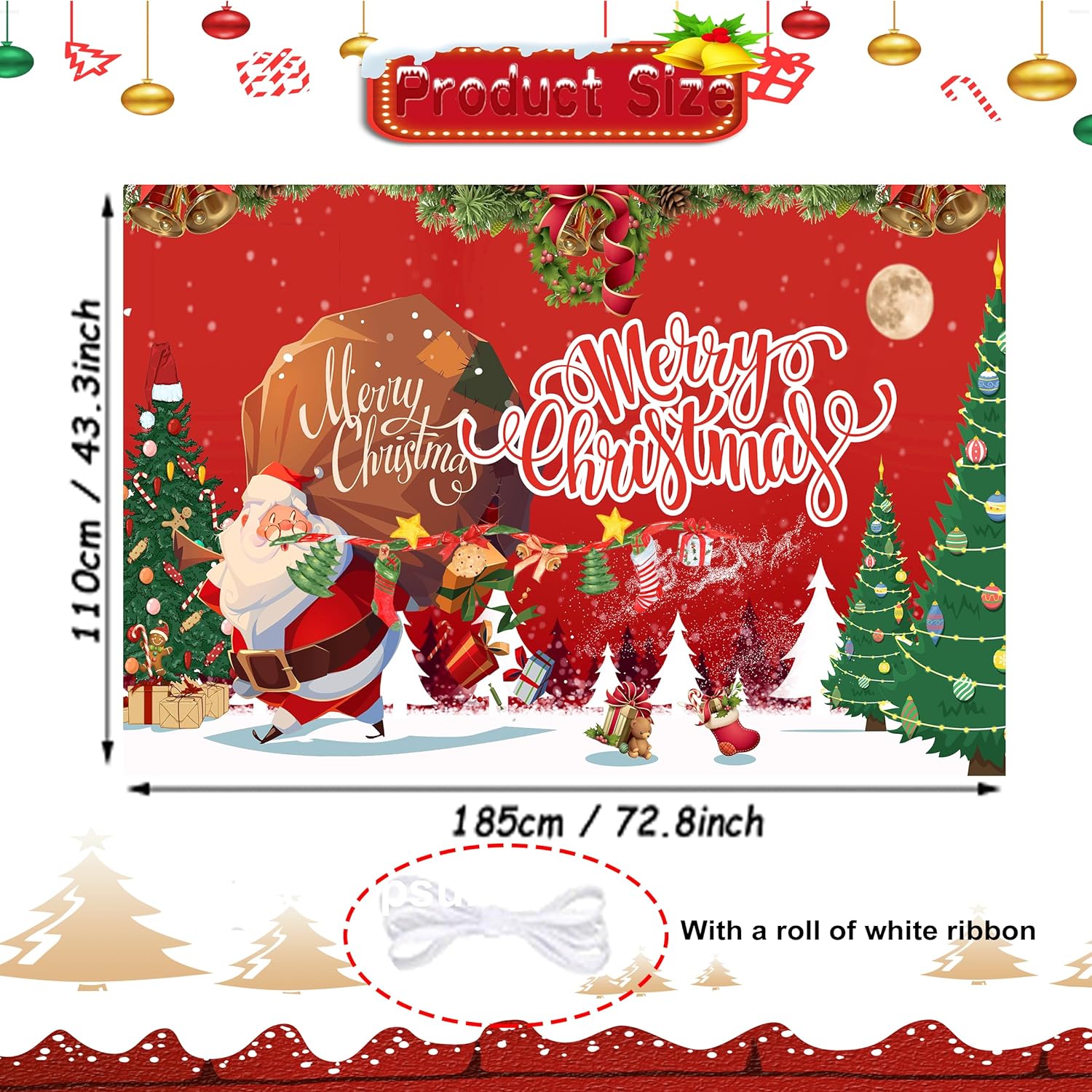 Christmas Banner, Large 72X45 Inch Backdrop For Christmas Decorations, Wall Banner For Xmas Holiday Kids Party Decorations