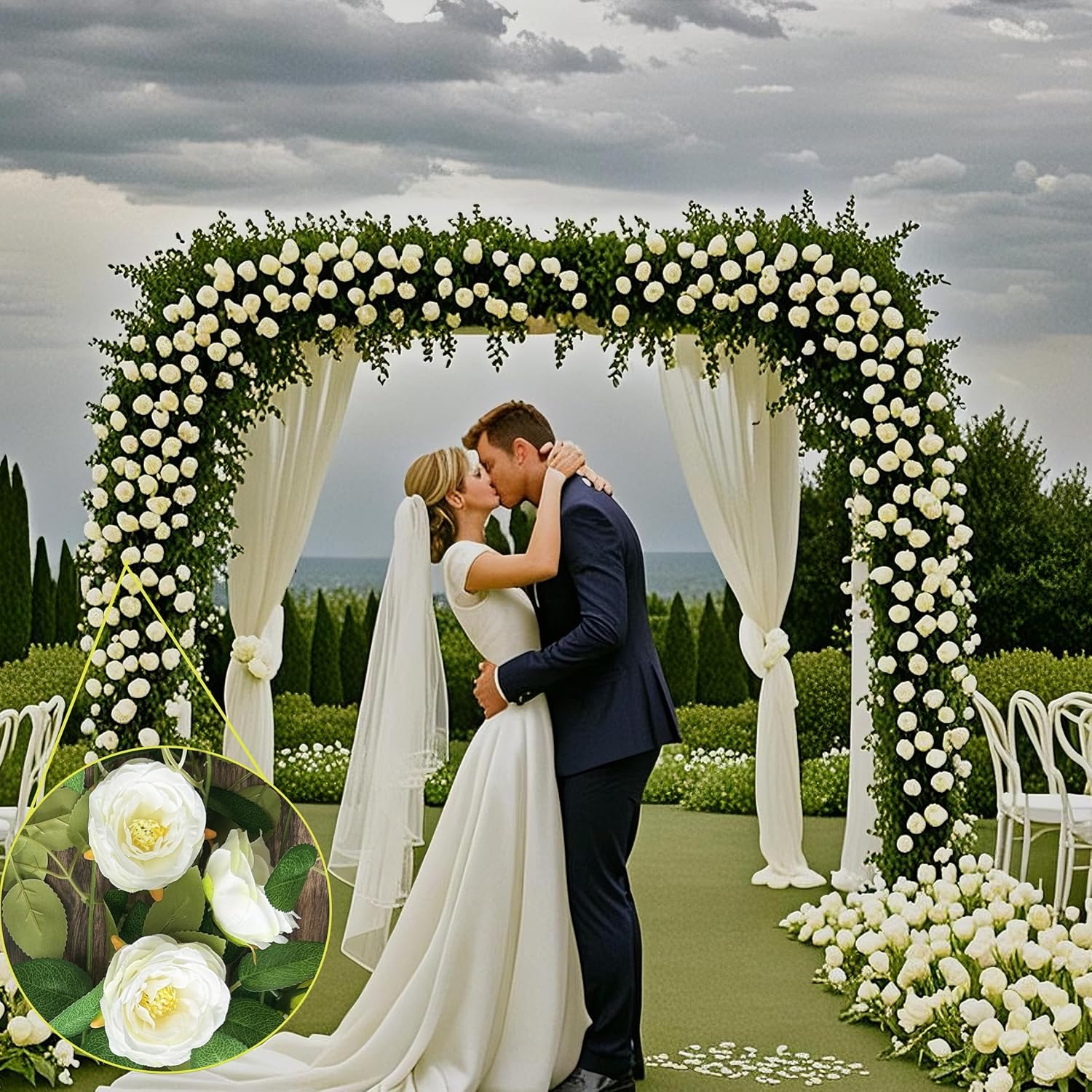 Flower Garland 4Pcs(26Ft), White Rose Garlands Decoration, White Fake Rose Garlands, Vines For Bedroom Flower Garland For Backdrop, Artificial Flowers Wedding Decor, Arch Garden Ceremony Wall Decor