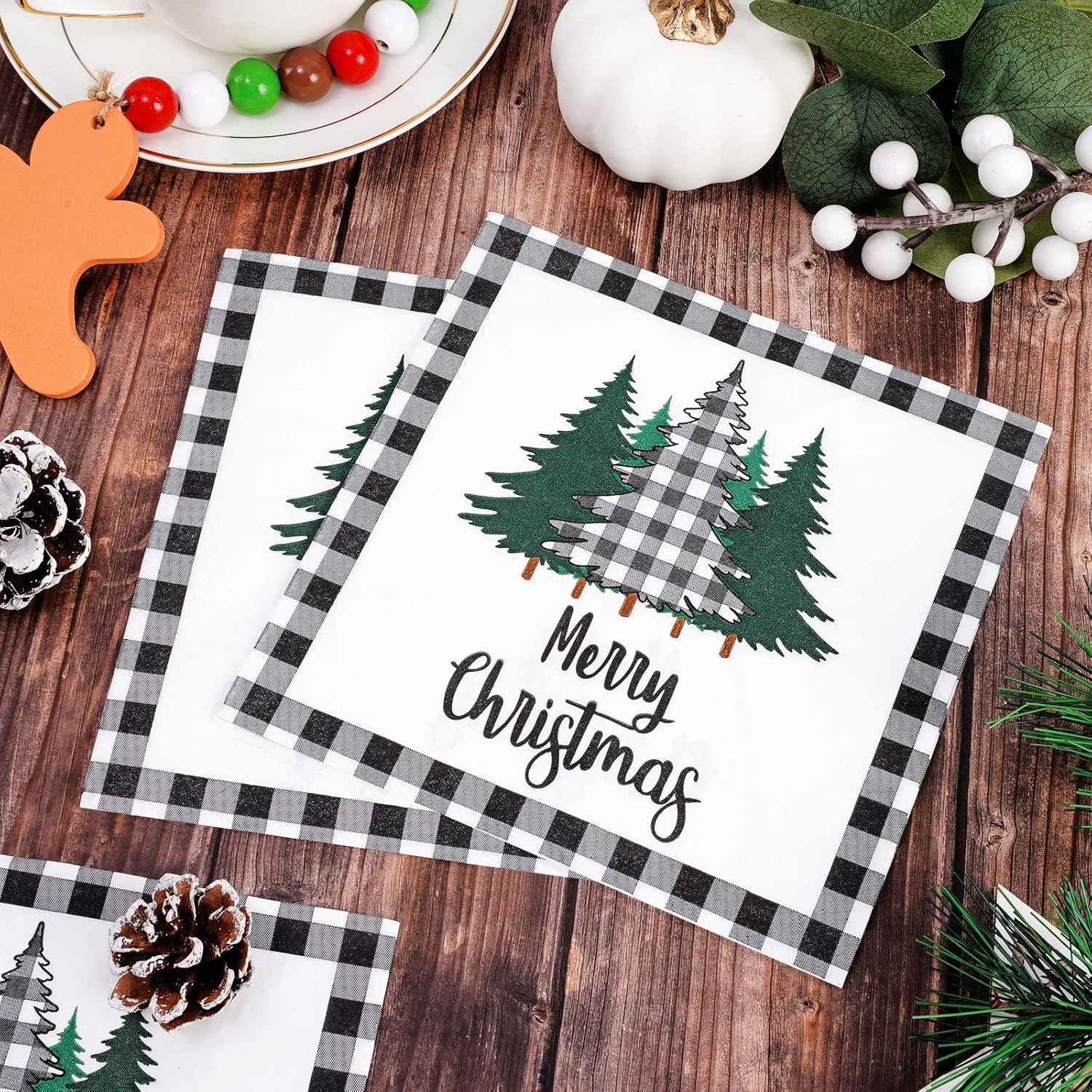 80 Pack Christmas Napkins Paper Xmas Tree Black White Buffalo Plaid Edge Pattern Disposable Napkins 6.5 Inch Merry Christmas Cocktail Napkins For Xmas Party Winter Holiday Dinner Supplies