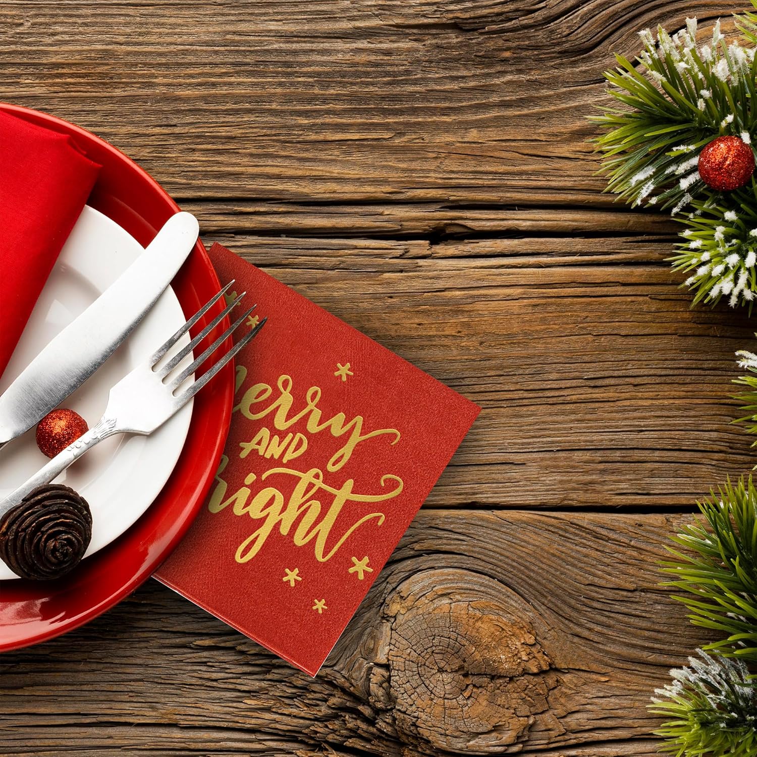 Merry And Bright Christmas Napkins 50 Pcs - Gold Foil Christmas Cocktail Napkins Paper, Christmas Paper Napkins, Christmas Dinner Napkins, Holiday Cocktail Napkins, Merry And Bright Christmas Decor