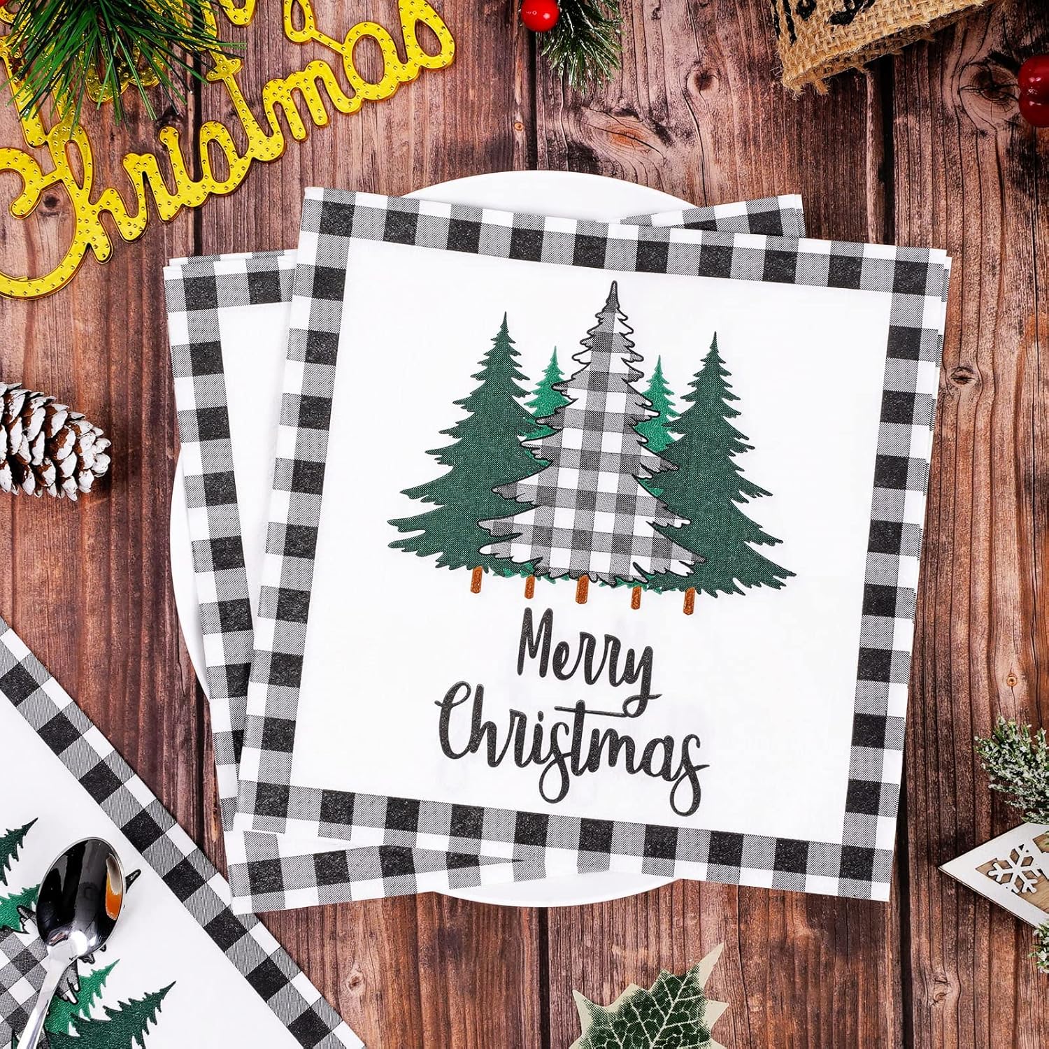 80 Pack Christmas Napkins Paper Xmas Tree Black White Buffalo Plaid Edge Pattern Disposable Napkins 6.5 Inch Merry Christmas Cocktail Napkins For Xmas Party Winter Holiday Dinner Supplies