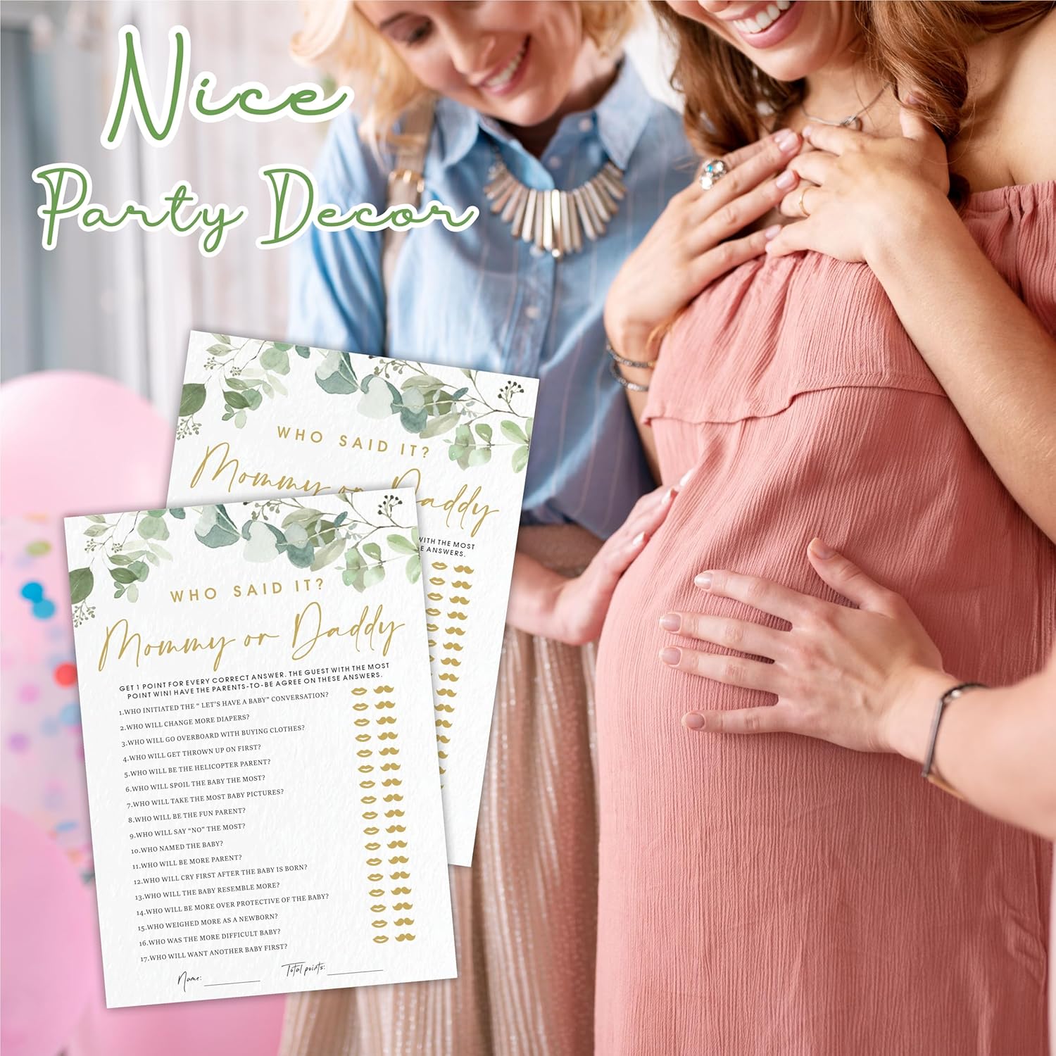 Guess Who Said It Mommy Or Daddy Baby Shower Game Cards - Golden Greenery - 30 Double-Sided Fill In Style Game Cards For Gender Reveal, Baby Announcement, Party Games & Activity - D04