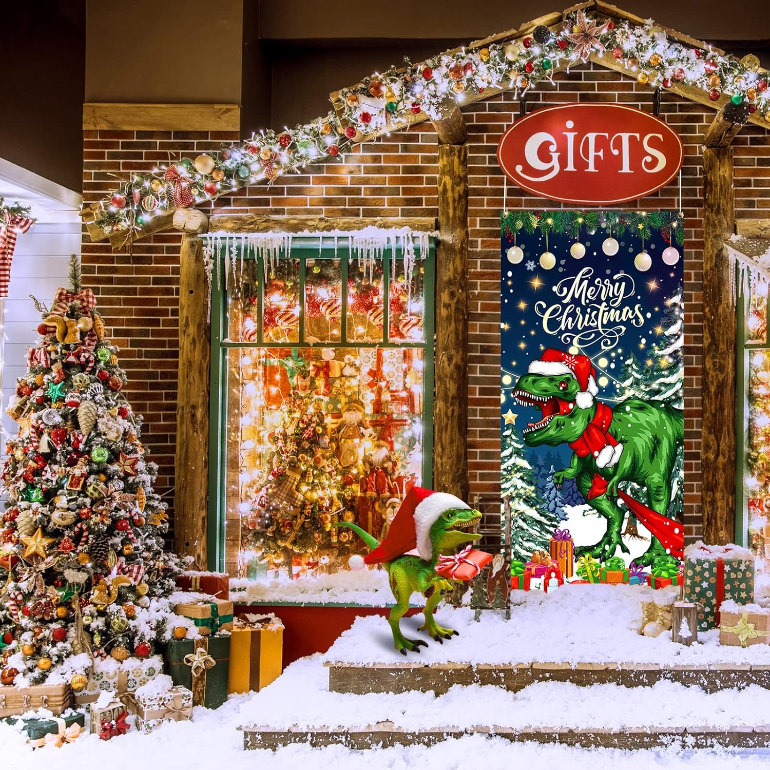 Christmas Dinosaur Door Cover Large Dinosaur Merry Christmas Door Banner Decorations Funny Winter Hanging Welcome Backdrop Yard Sign For Xmas New Year Holiday Indoor Outdoor Party Supplies 73X36Inch
