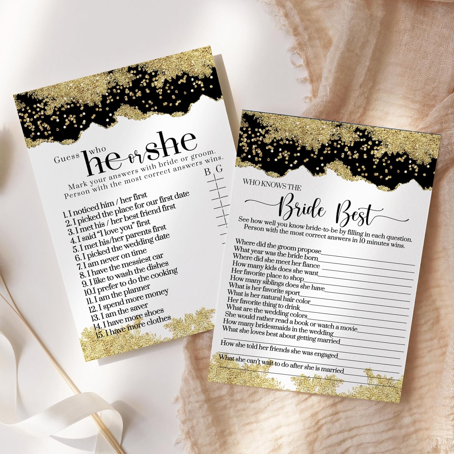 Black And Gold Bridal Shower Games - He Said Or She Said & Who Knows The Bride Best - 25 Double-Sided Cards Bundle - Fun Ideas For Engagement Parties, Rehearsal Dinners, Modern Watercolor Design