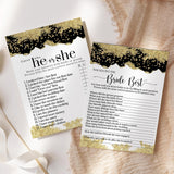 Black And Gold Bridal Shower Games - He Said Or She Said & Who Knows The Bride Best - 25 Double-Sided Cards Bundle - Fun Ideas For Engagement Parties, Rehearsal Dinners, Modern Watercolor Design