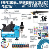 Cool Runner Dual Fan Air Compressor Professional Airbrushing System Kit With 3 Airbrushes, Gravity & Siphon Feed - 6 Primary Opaque Colors Acrylic Paint Artist Set, Hose & Holder