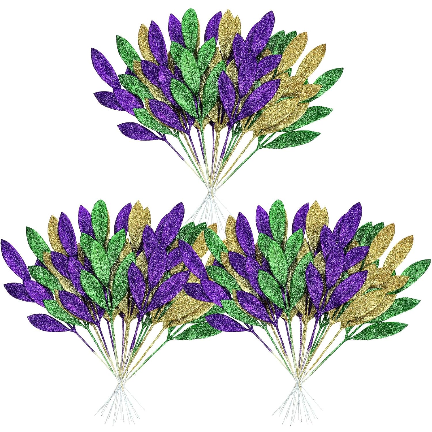 24 Pcs Mardi Gras Decor Leaf Picks 14" Tall Artificial Glitter Purple Green Gold Bay Picks And Sprays Carnival Centerpiece Tree Decorations For Mardi Gras Table Decor Vase Filler