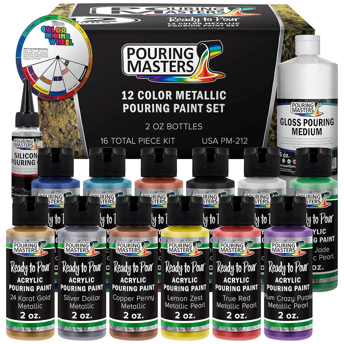 Pouring Masters 12 Color Metallic Ready To Pour Acrylic Pouring Paint Set, 2Oz Bottles, Acrylic Paint Pour Supplies - Silicone Oil & Gloss Medium, Premium Pre-Mixed High Flow