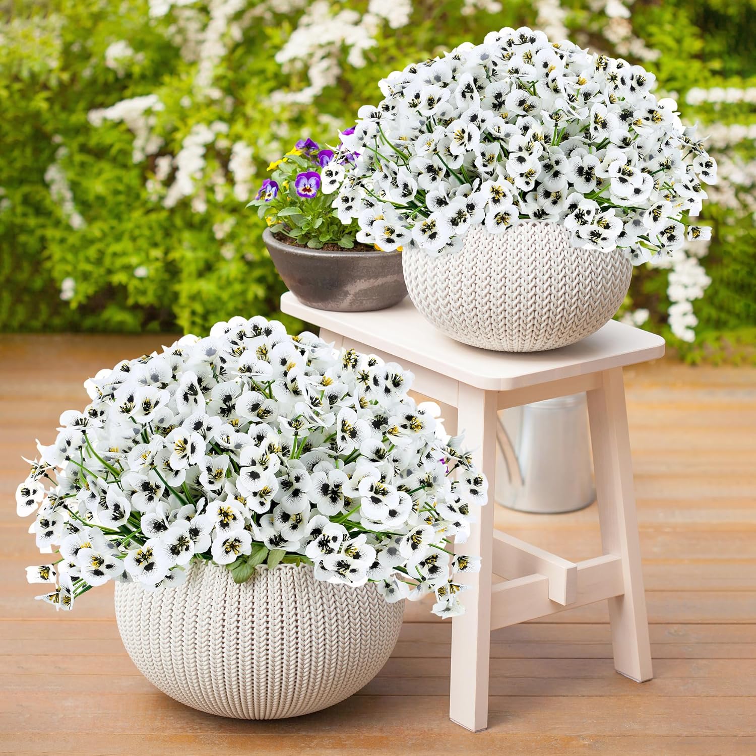 12 Bundles White Artificial Flowers Outdoor Pansy Fake Flower Plastic Uv Resistant Faux Plants For Home Garden Porch Yard Patio Window Farmhouse Outside Summer Decor