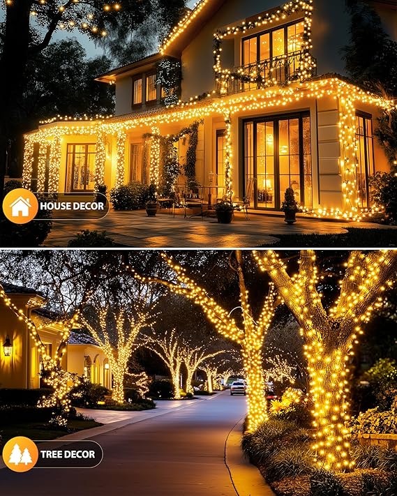 2 Pack 92FT Solar String Lights 240 LED Warm White Waterproof Patio Garden Lights