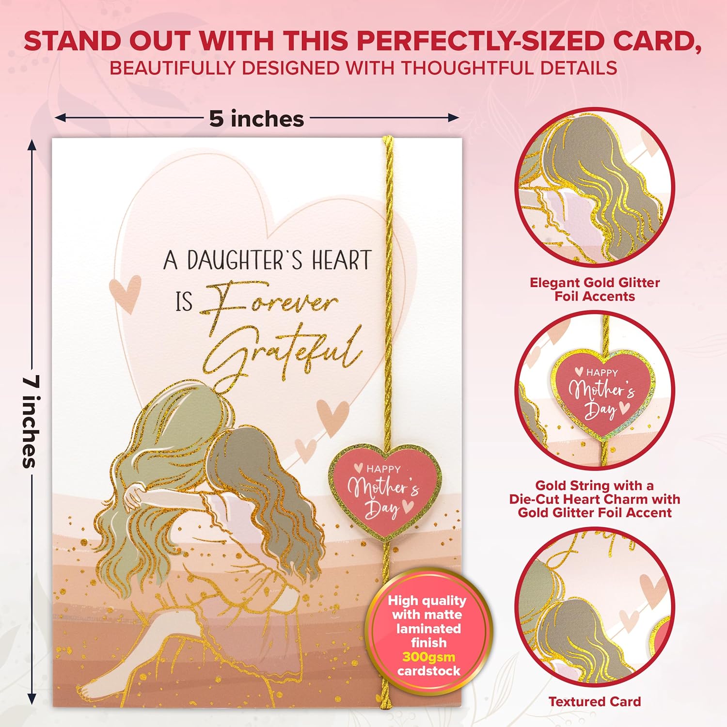 Gold Glitter Foil 5X7In Handmade Individual Mothers Day Card From Daughter With String And Die-Cut Heart Charm, Matching Envelope And Stickers For Mom, Textured With Printed Message Inside