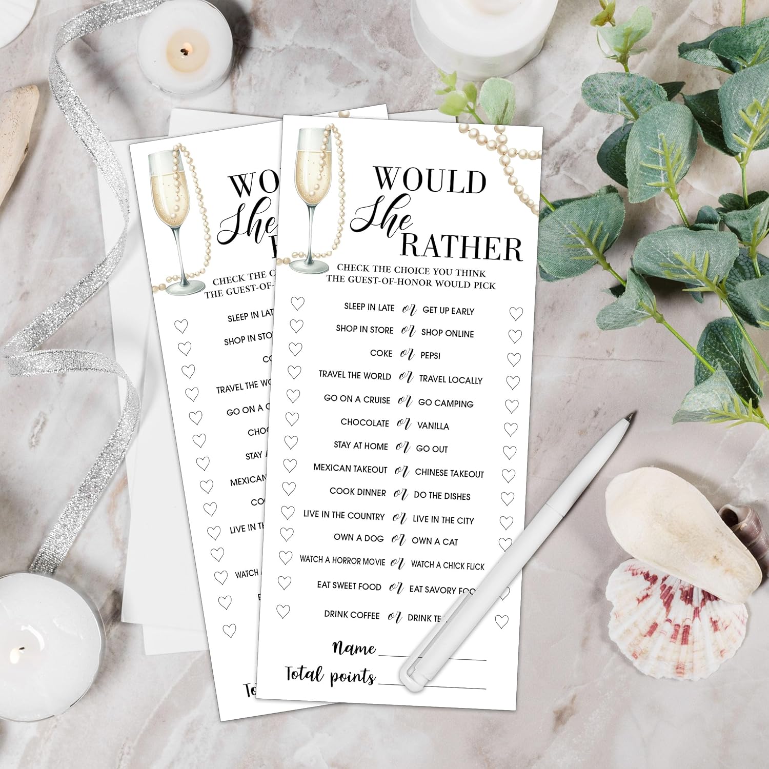 Wedding Shower Games Cards, Would She Rather, 25 Pcs Pearls And Champagne Bridal Wedding Activities Game Cards For Guests, Engagement Bachelorette Party, Bridal Shower Party Decorations, 4X9 Inch-C02