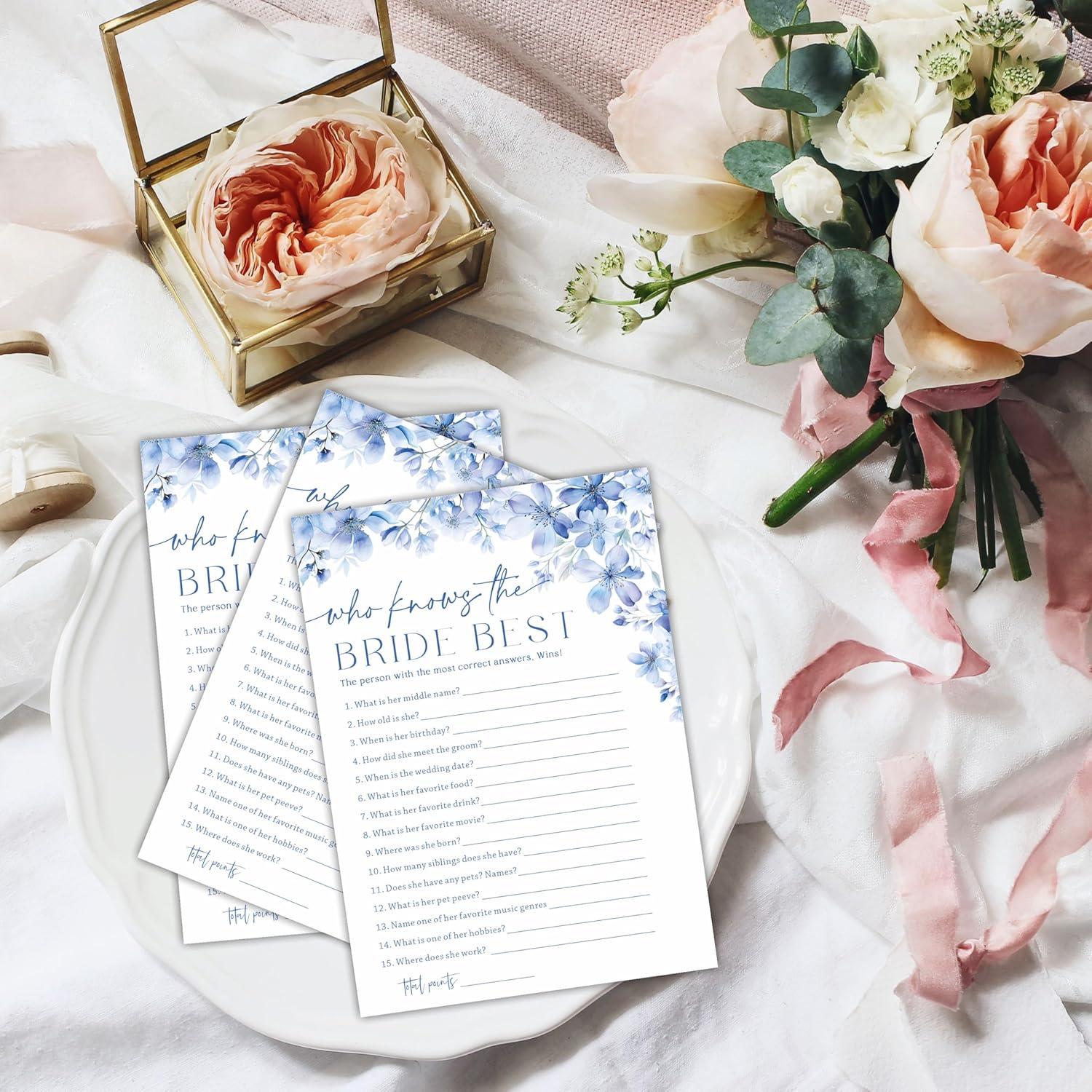 Who Knows The Bride Best Bridal Shower Game - Blue Floral - 30 Pcs Double-Sided Fill-In Wedding Game Cards For Newlyweds, Engagement Party Activities & Decorations -A06