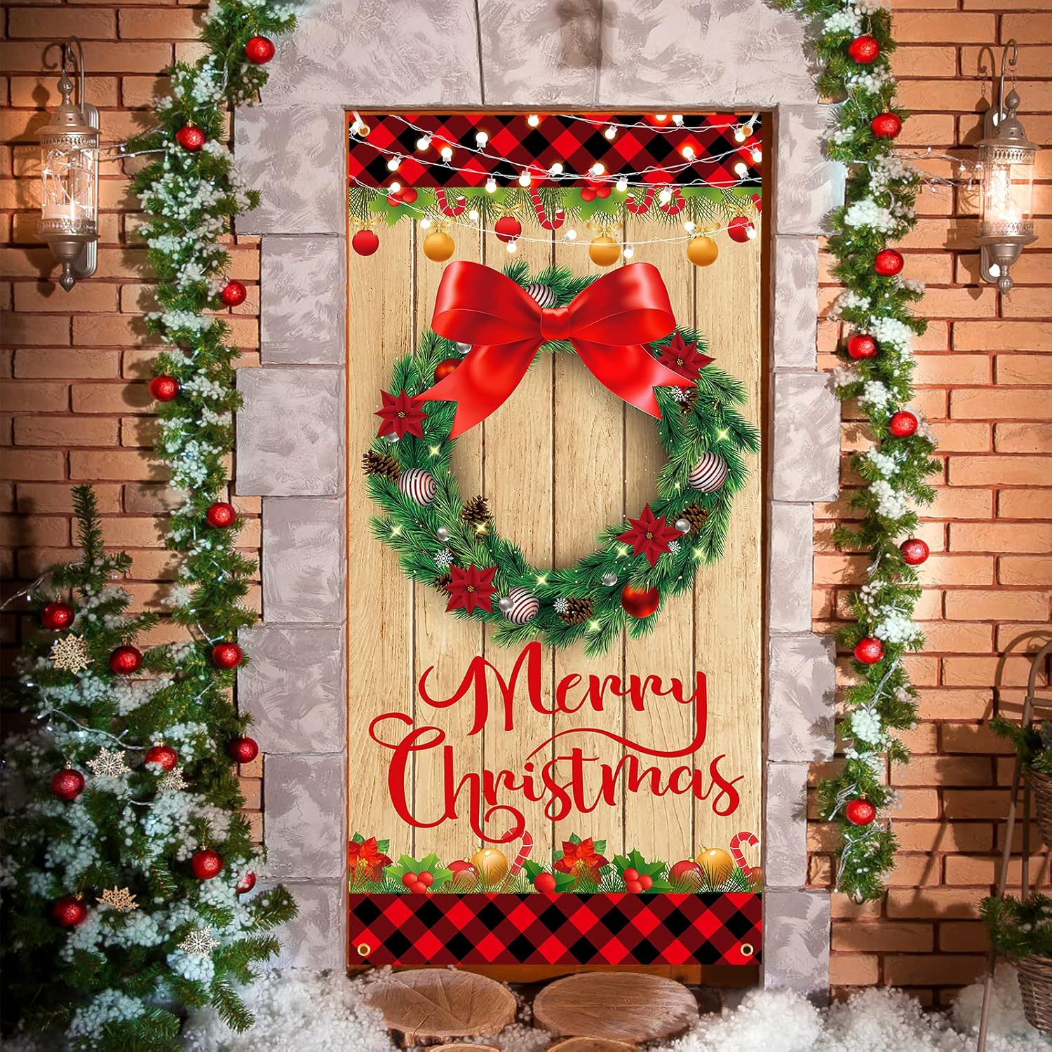 Merry Christmas Wood Grain Plaid Edge Wreath Banner For Farmhouse Door Decoration